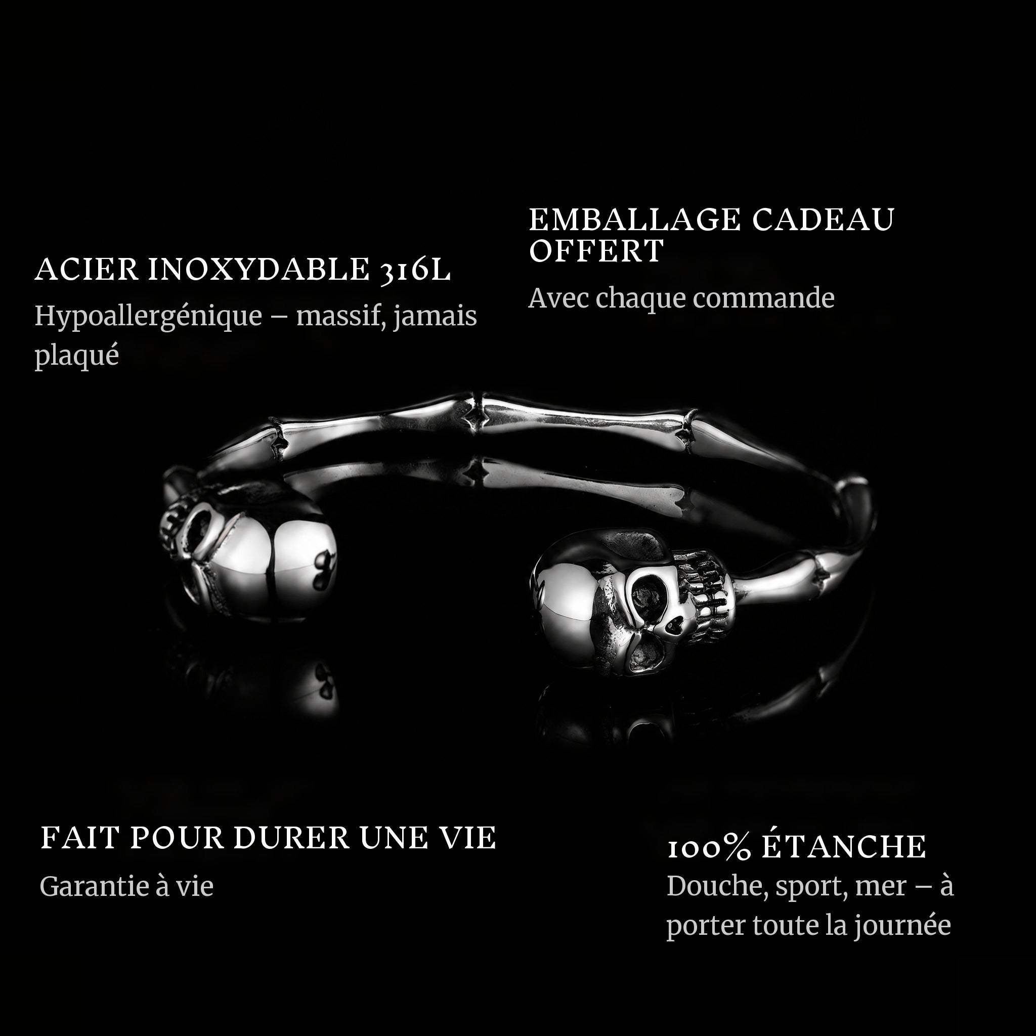Skulled features: 316L stainless steel, free gift packaging, 100% waterproof, lifetime guarantee