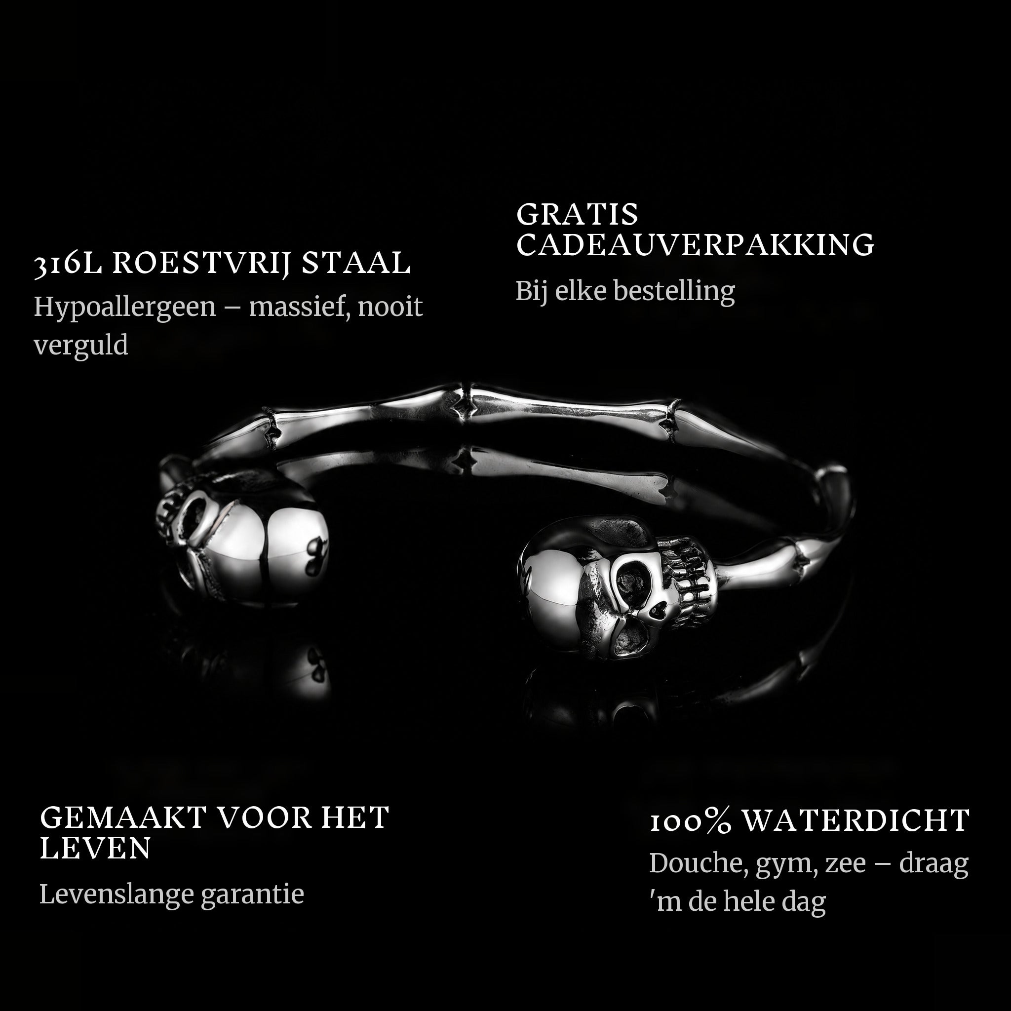 Skulled features: 316L stainless steel, free gift packaging, 100% waterproof, lifetime guarantee
