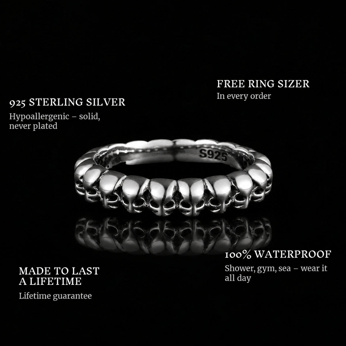 Skulls ring features: 925 sterling silver, free ring sizer in every order, 100% waterproof, lifetime guarantee