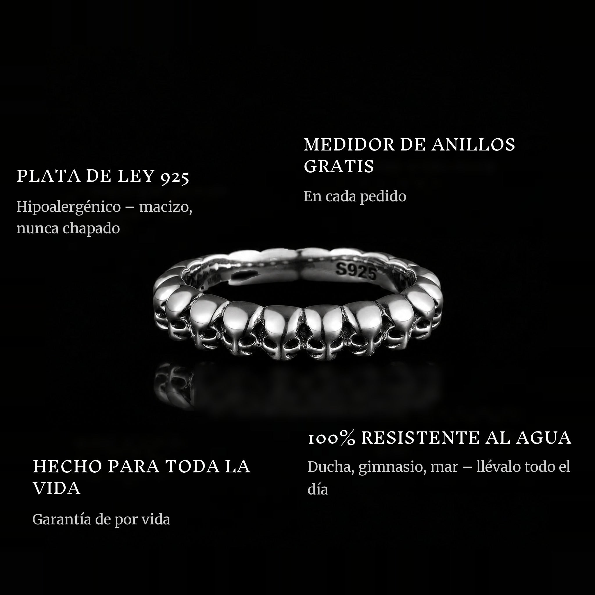 Skulls ring features: 925 sterling silver, free ring sizer in every order, 100% waterproof, lifetime guarantee