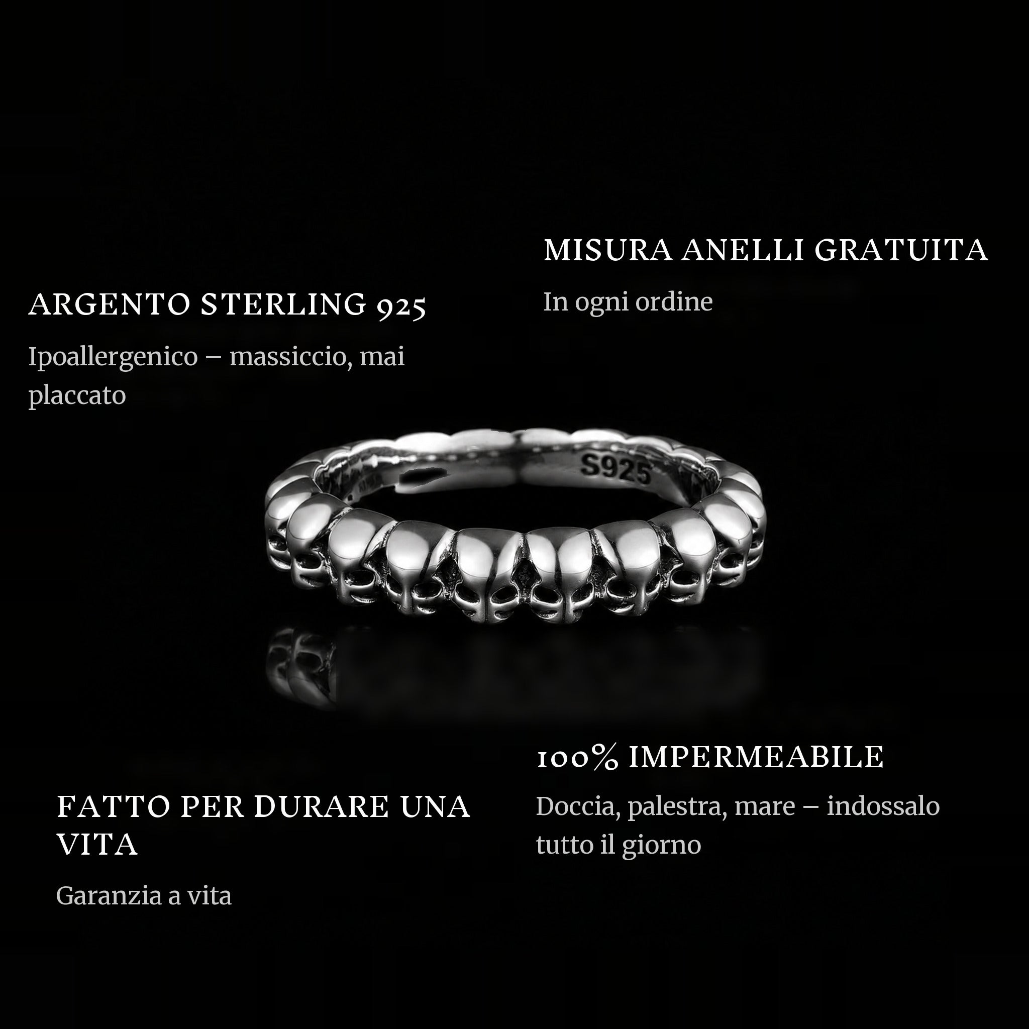 Skulls ring features: 925 sterling silver, free ring sizer in every order, 100% waterproof, lifetime guarantee