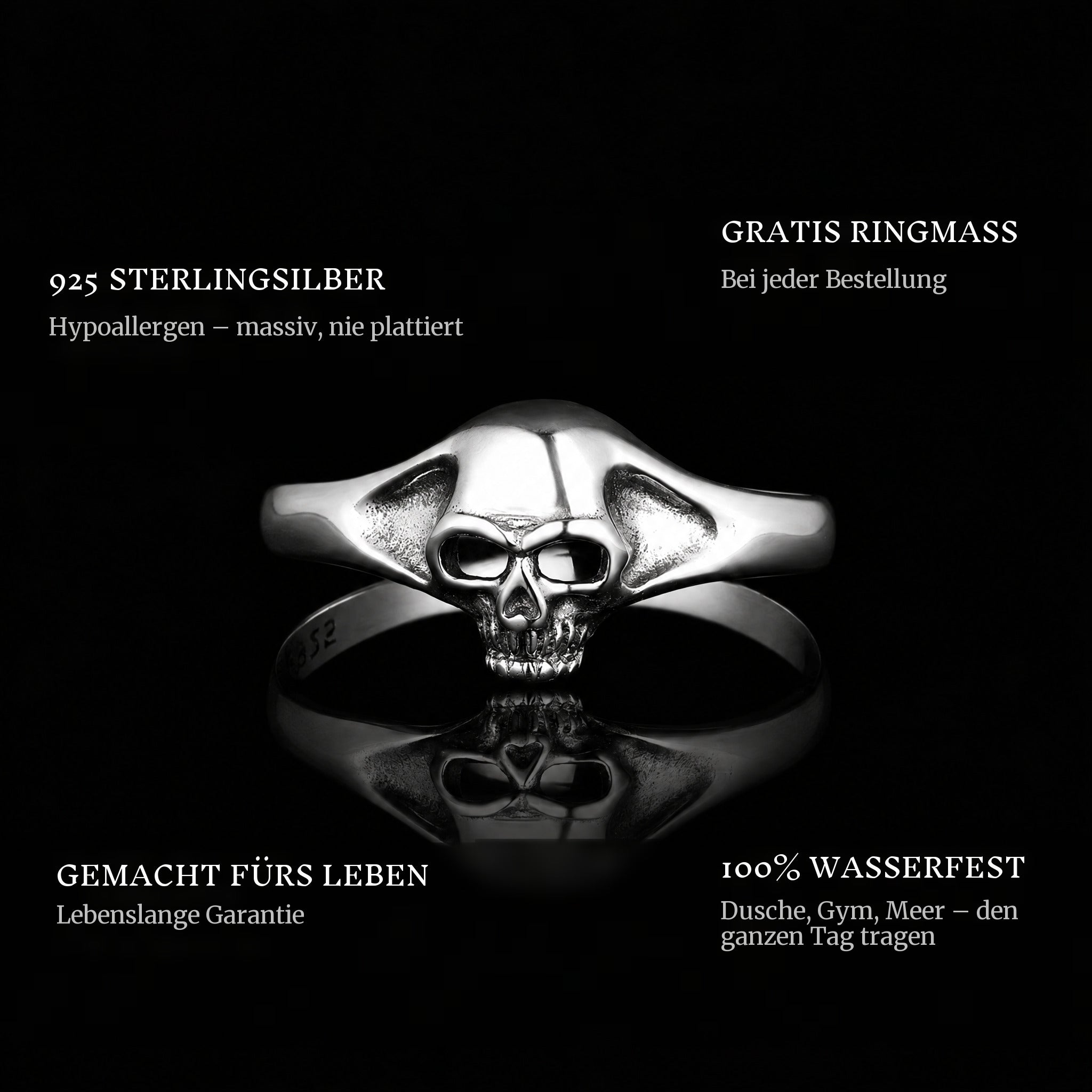 Skully ring features: 925 sterling silver, free ring sizer in every order, 100% waterproof, lifetime guarantee