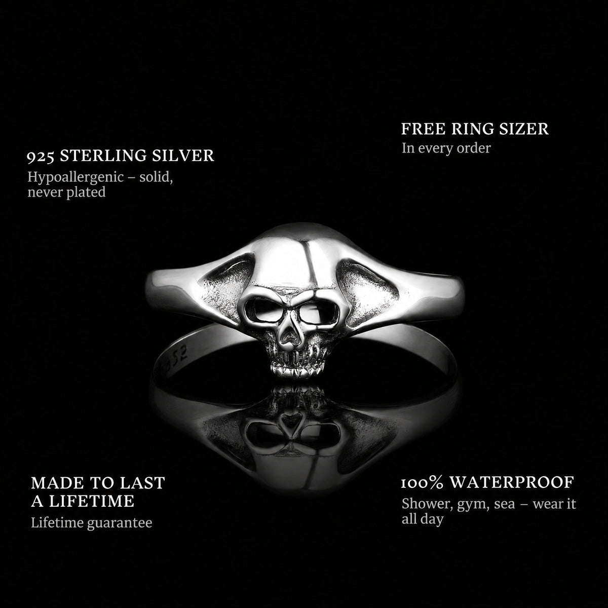 Skully ring features: 925 sterling silver, free ring sizer in every order, 100% waterproof, lifetime guarantee