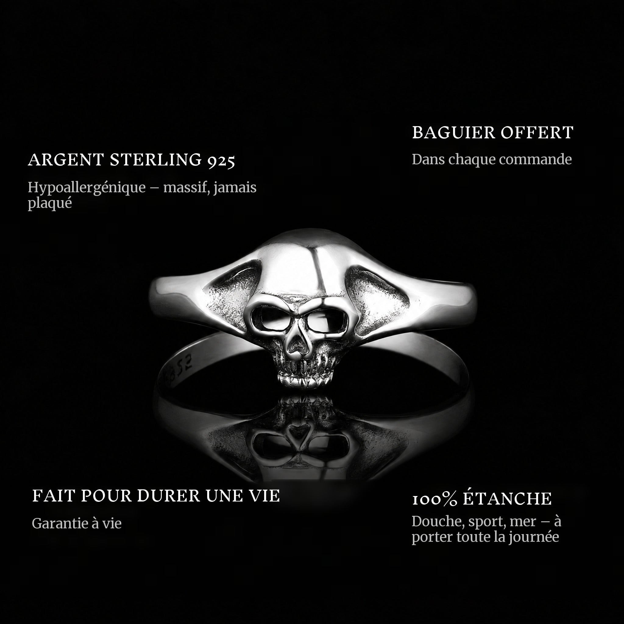 Skully ring features: 925 sterling silver, free ring sizer in every order, 100% waterproof, lifetime guarantee
