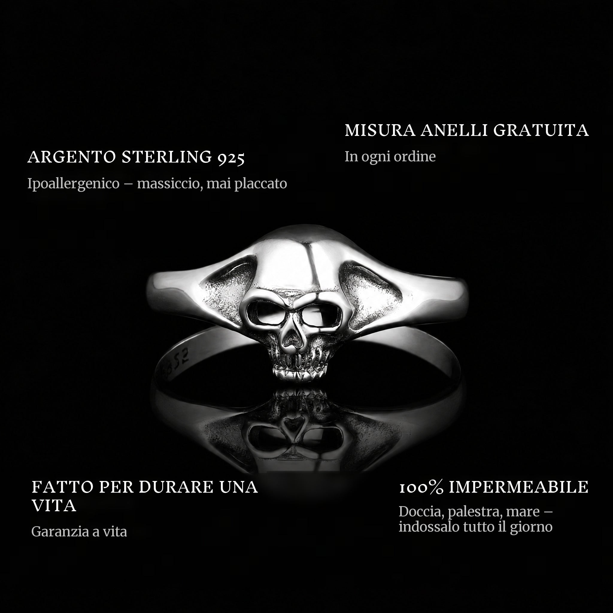 Skully ring features: 925 sterling silver, free ring sizer in every order, 100% waterproof, lifetime guarantee