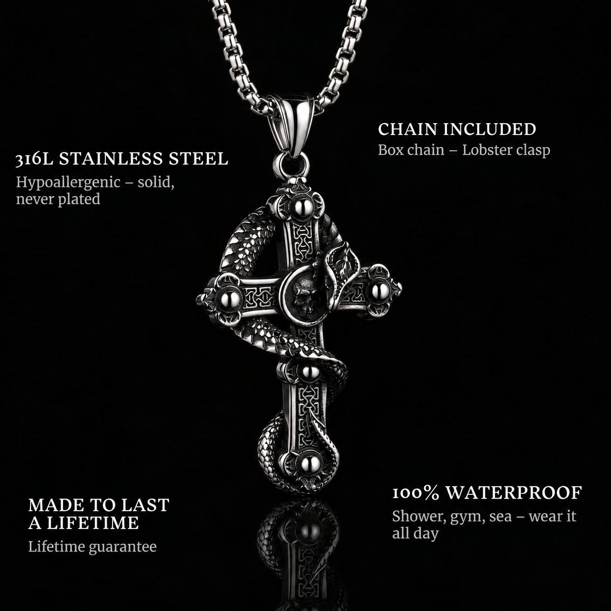Snake Cross pendant features: 316L stainless steel, chain included, 100% waterproof, lifetime guarantee