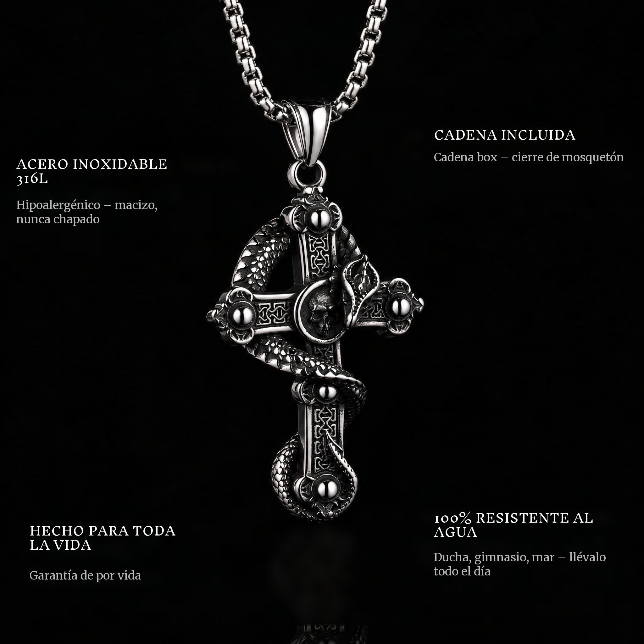 Snake Cross pendant features: 316L stainless steel, chain included, 100% waterproof, lifetime guarantee