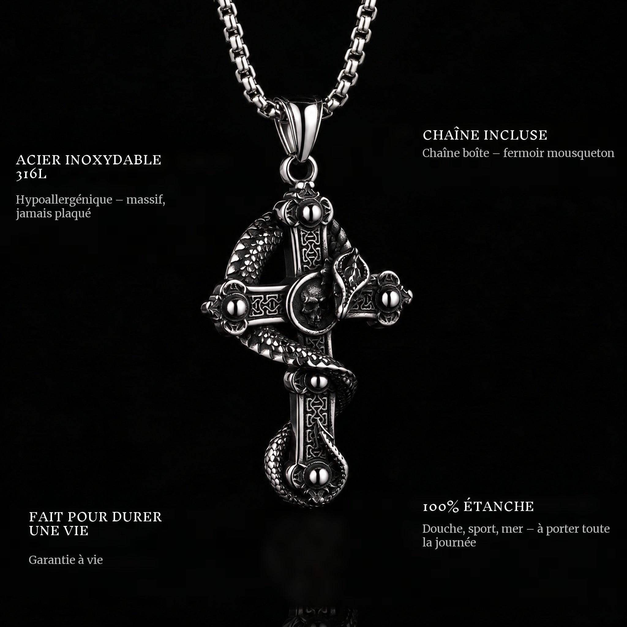 Snake Cross pendant features: 316L stainless steel, chain included, 100% waterproof, lifetime guarantee