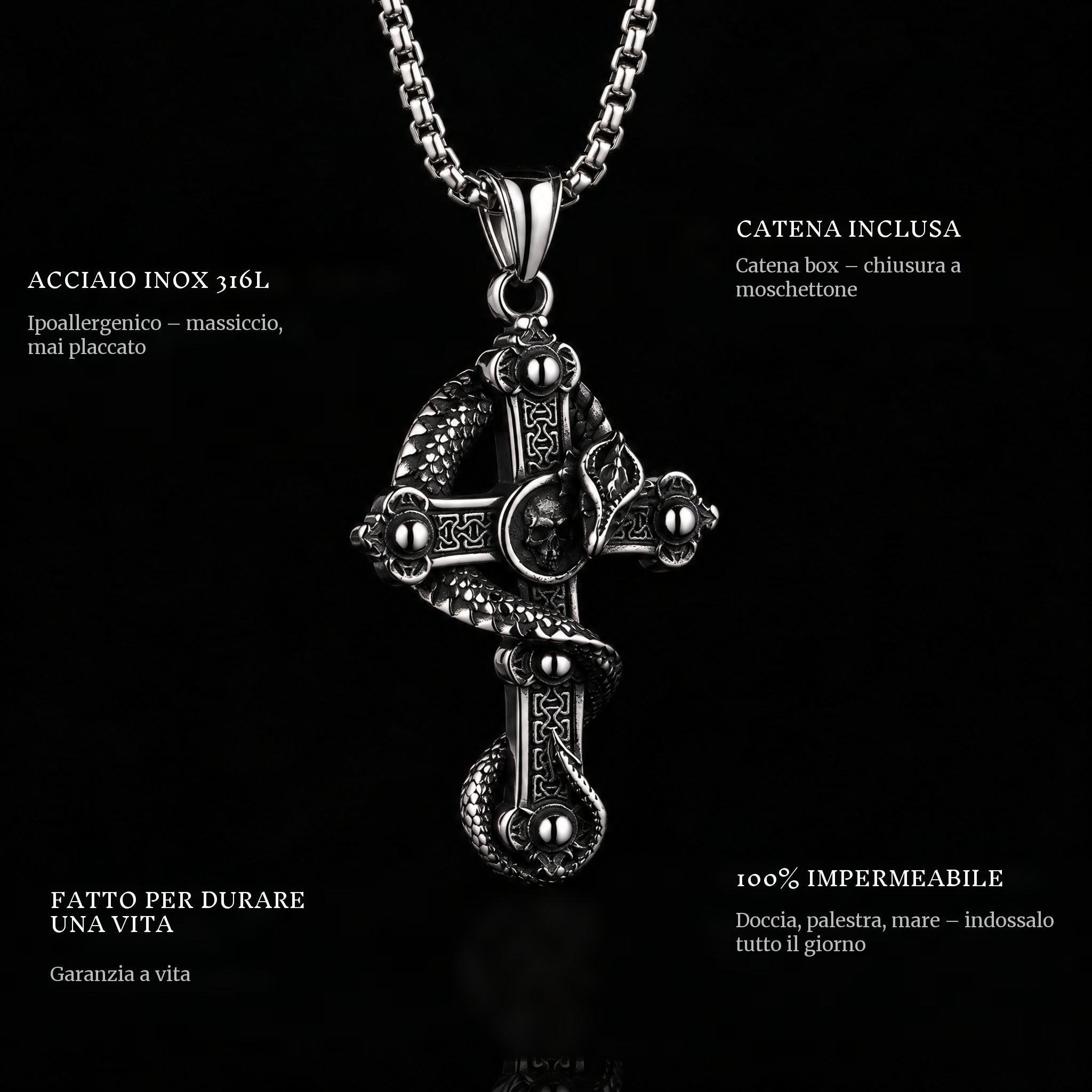 Snake Cross pendant features: 316L stainless steel, chain included, 100% waterproof, lifetime guarantee
