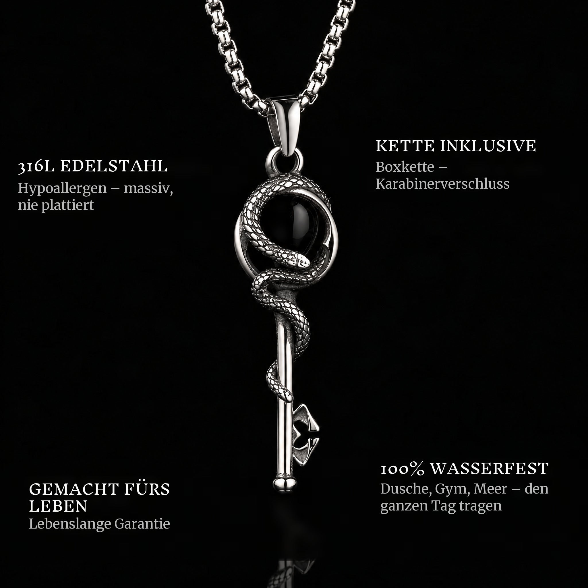 Snake Key pendant features: 316L stainless steel, chain included, 100% waterproof, lifetime guarantee
