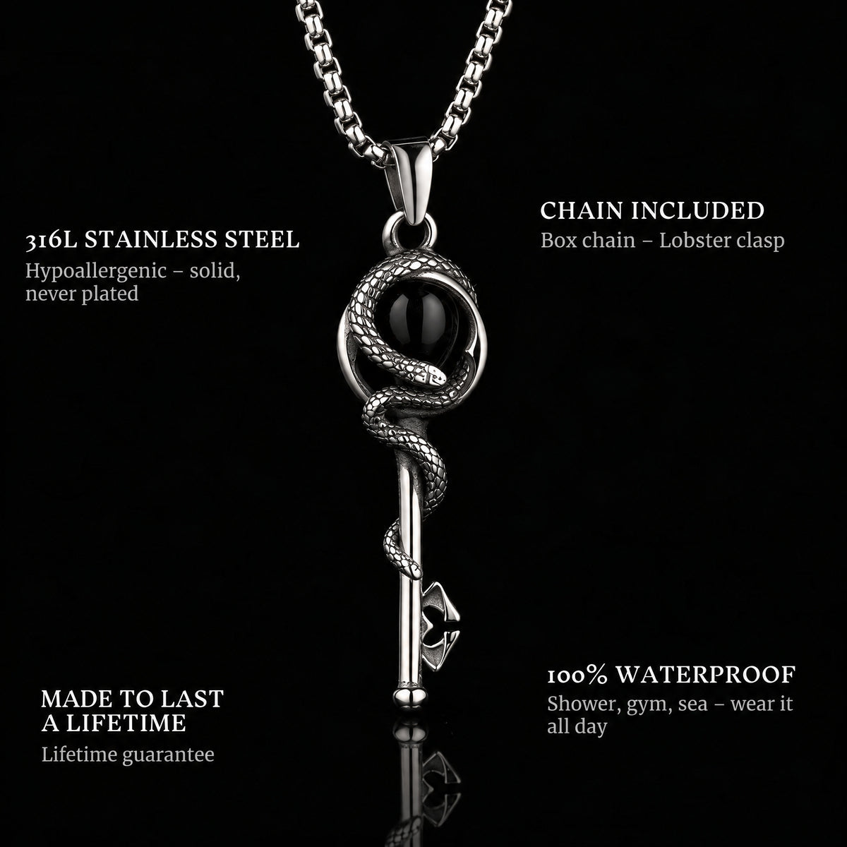 Snake Key pendant features: 316L stainless steel, chain included, 100% waterproof, lifetime guarantee