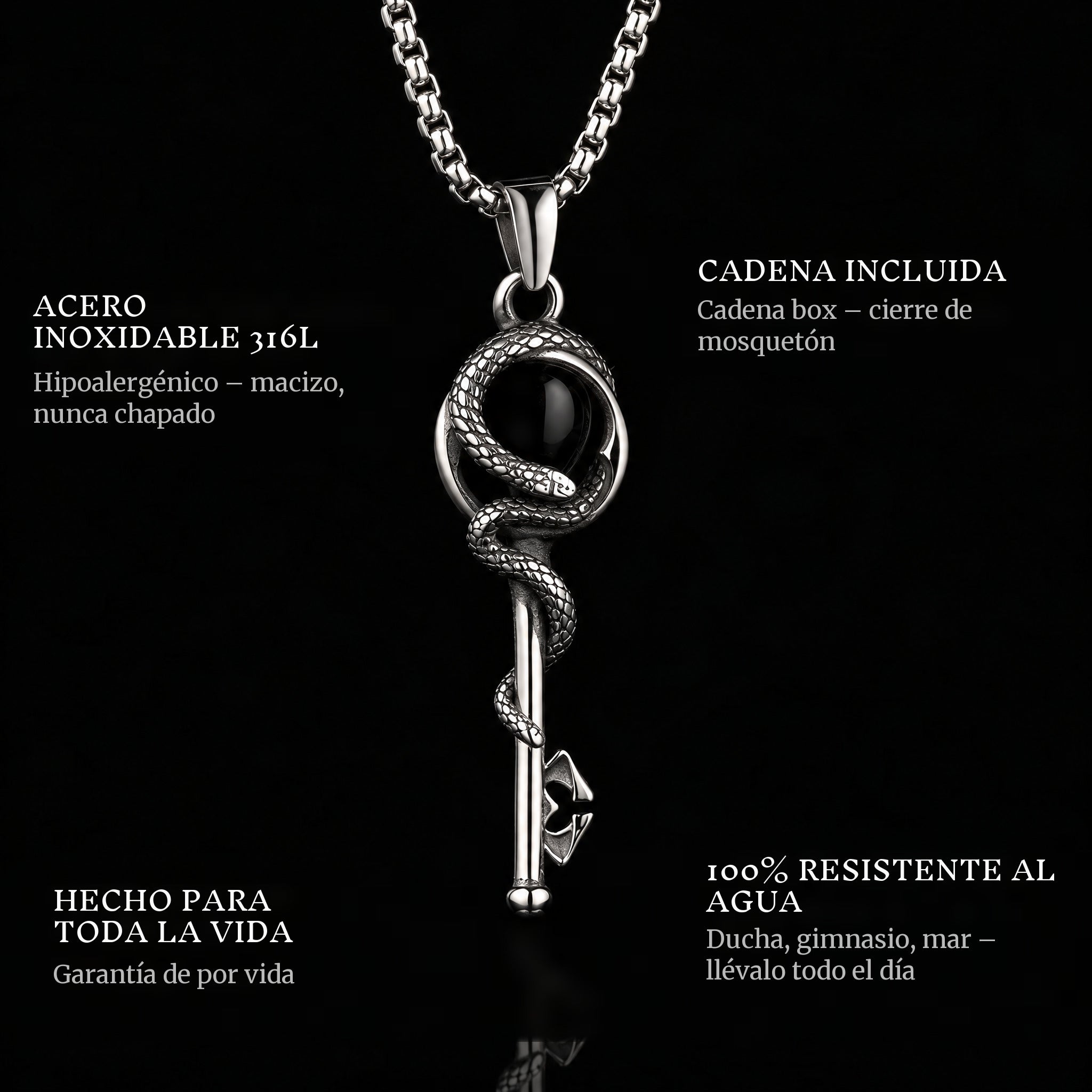 Snake Key pendant features: 316L stainless steel, chain included, 100% waterproof, lifetime guarantee
