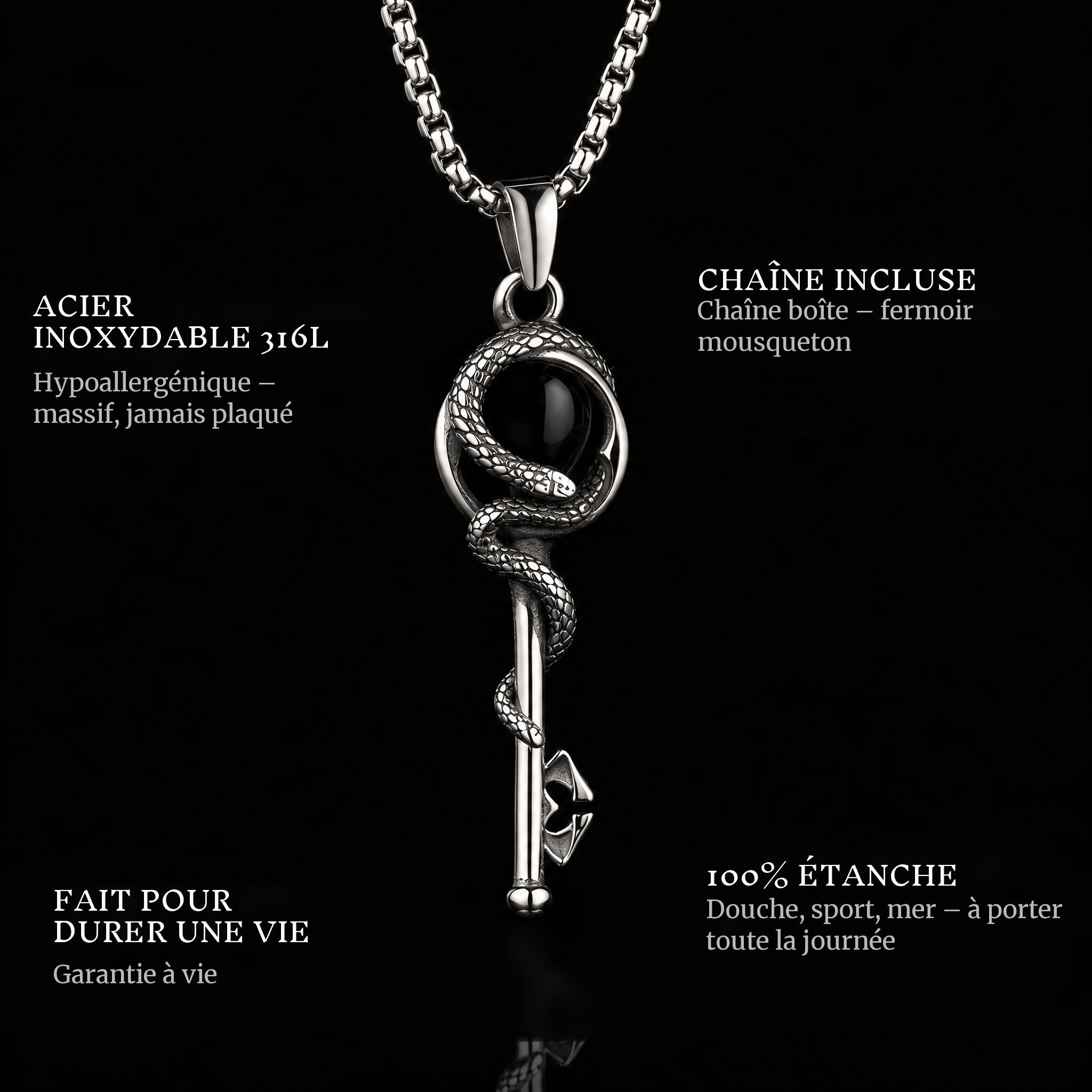 Snake Key pendant features: 316L stainless steel, chain included, 100% waterproof, lifetime guarantee