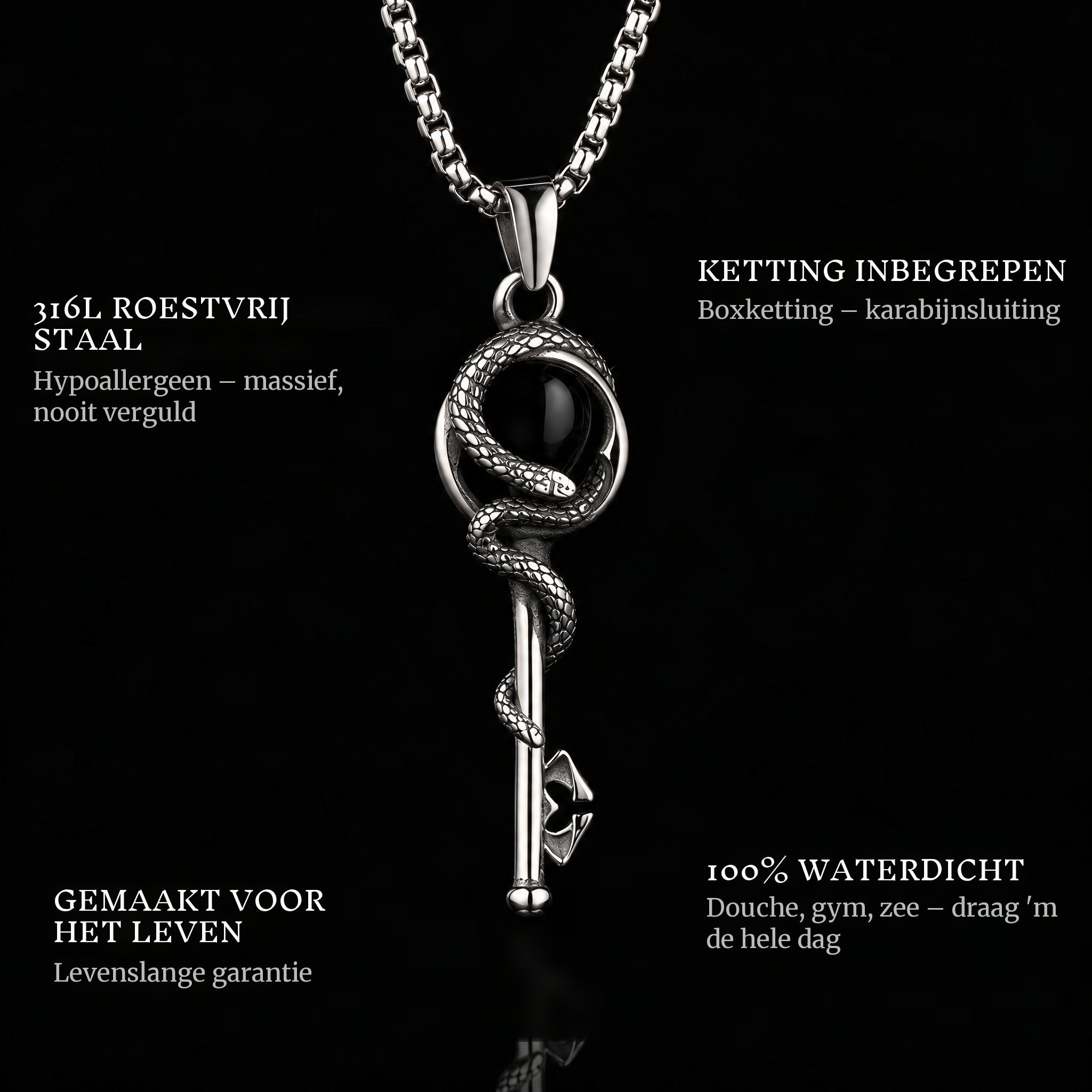 Snake Key pendant features: 316L stainless steel, chain included, 100% waterproof, lifetime guarantee
