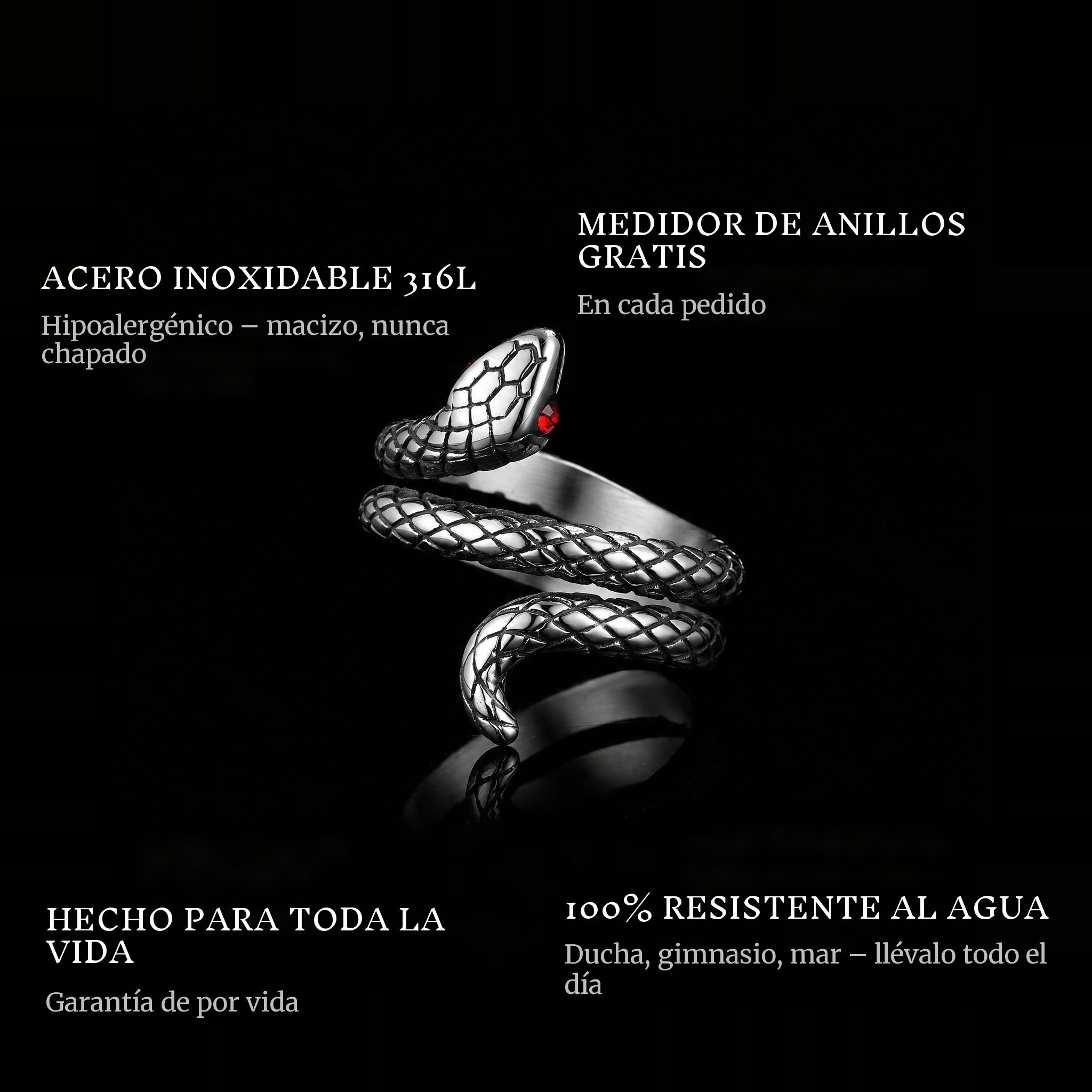 Snake ring features: 316L stainless steel, free ring sizer in every order, 100% waterproof, lifetime guarantee