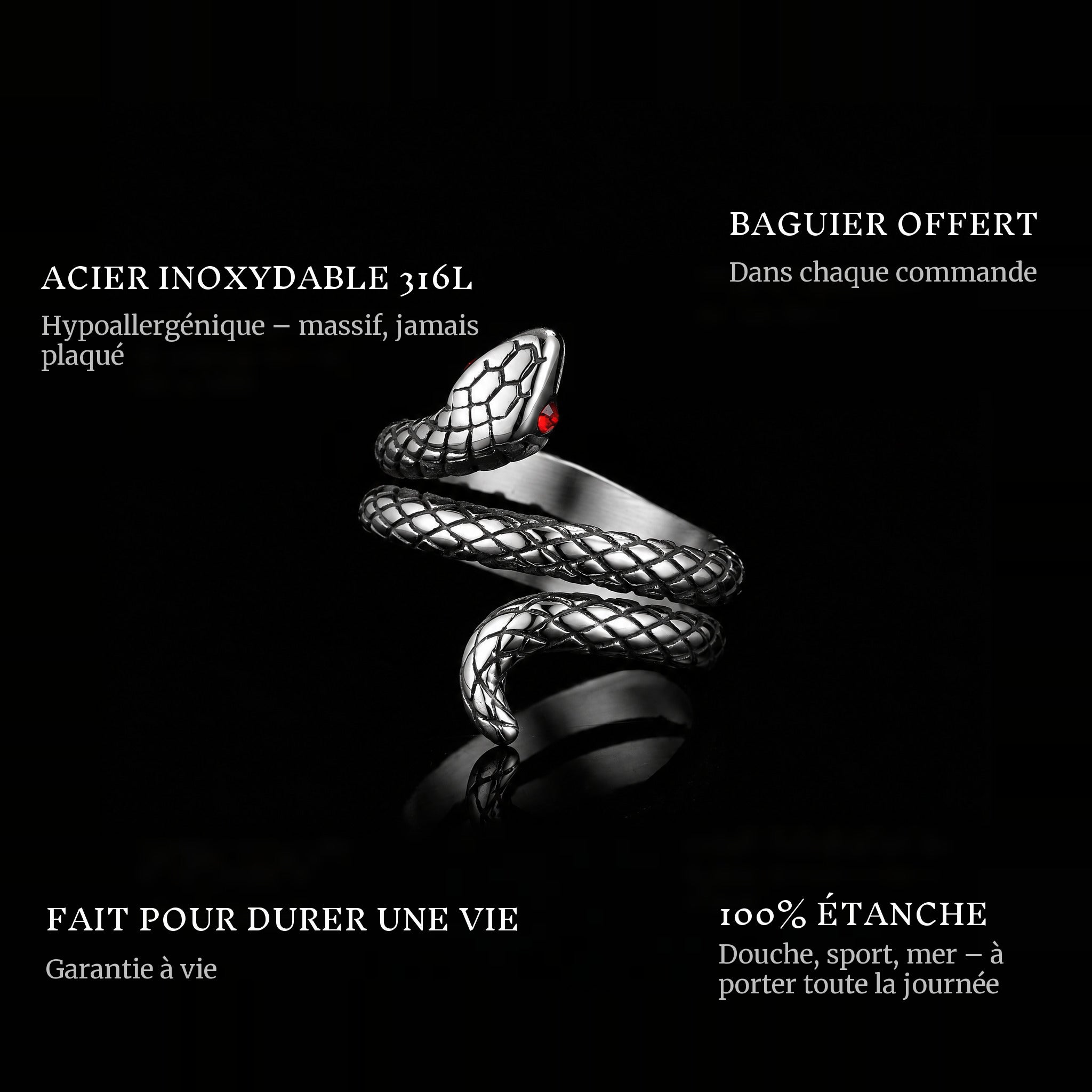 Snake ring features: 316L stainless steel, free ring sizer in every order, 100% waterproof, lifetime guarantee