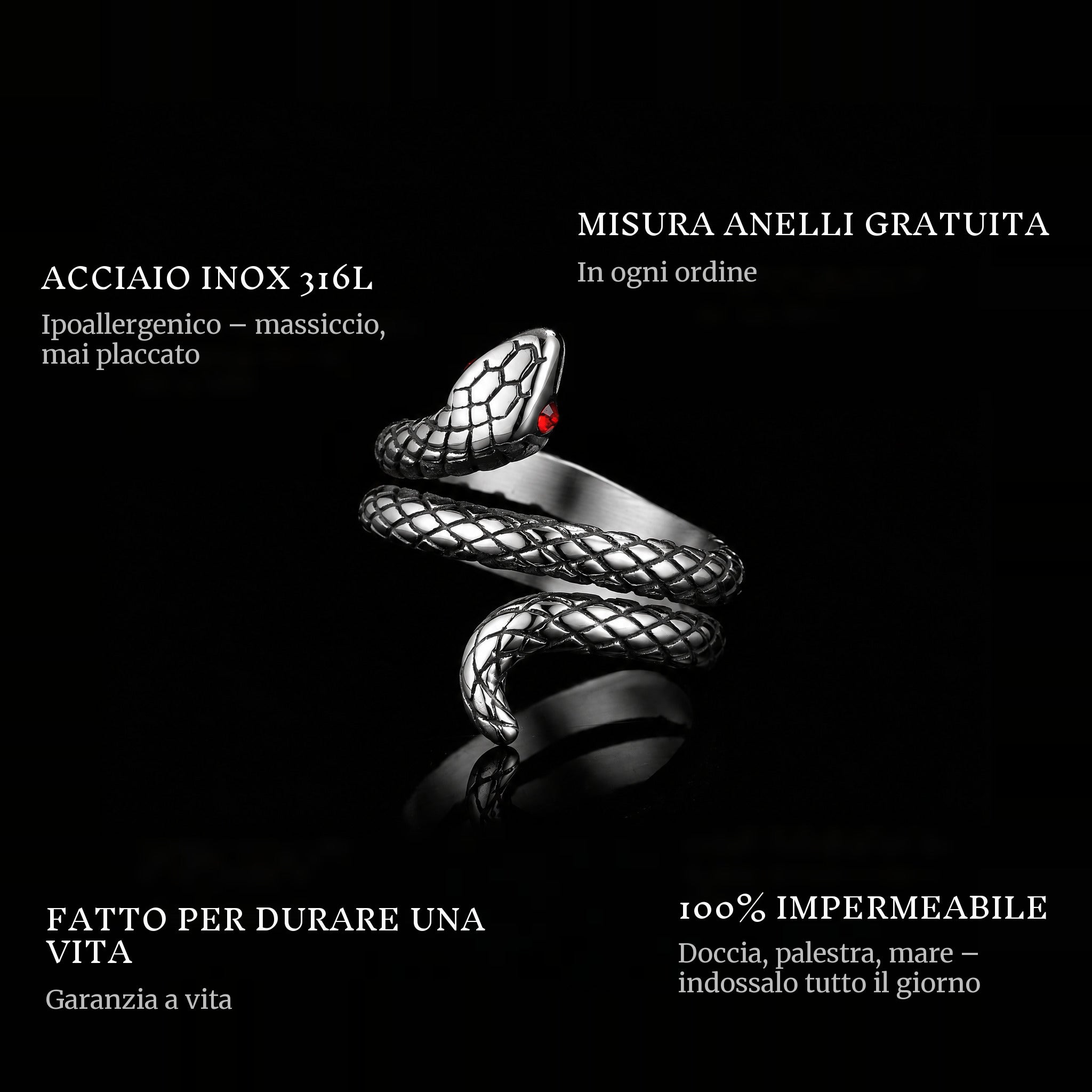 Snake ring features: 316L stainless steel, free ring sizer in every order, 100% waterproof, lifetime guarantee