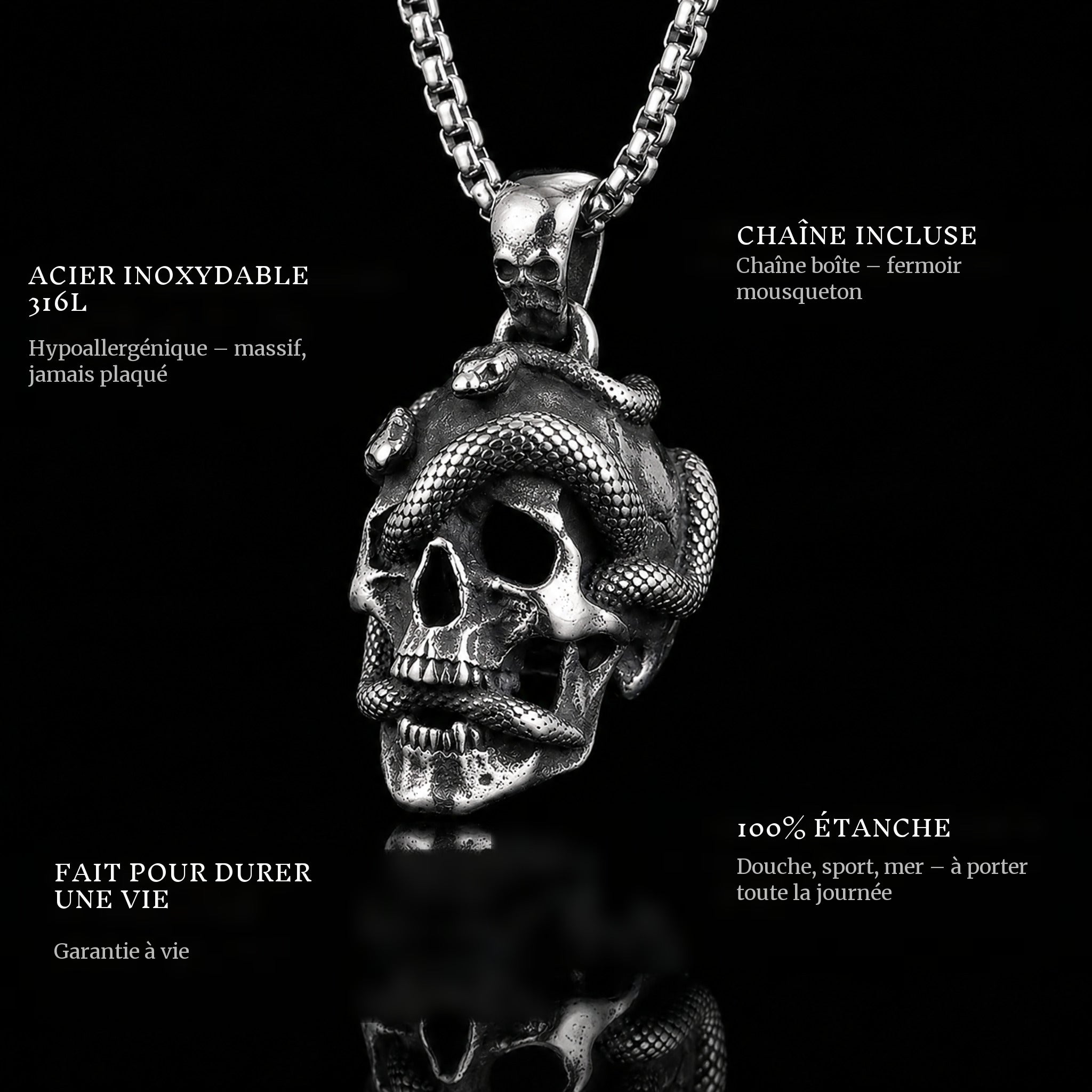 Snakes And Skulls pendant features: 316L stainless steel, chain included, 100% waterproof, lifetime guarantee