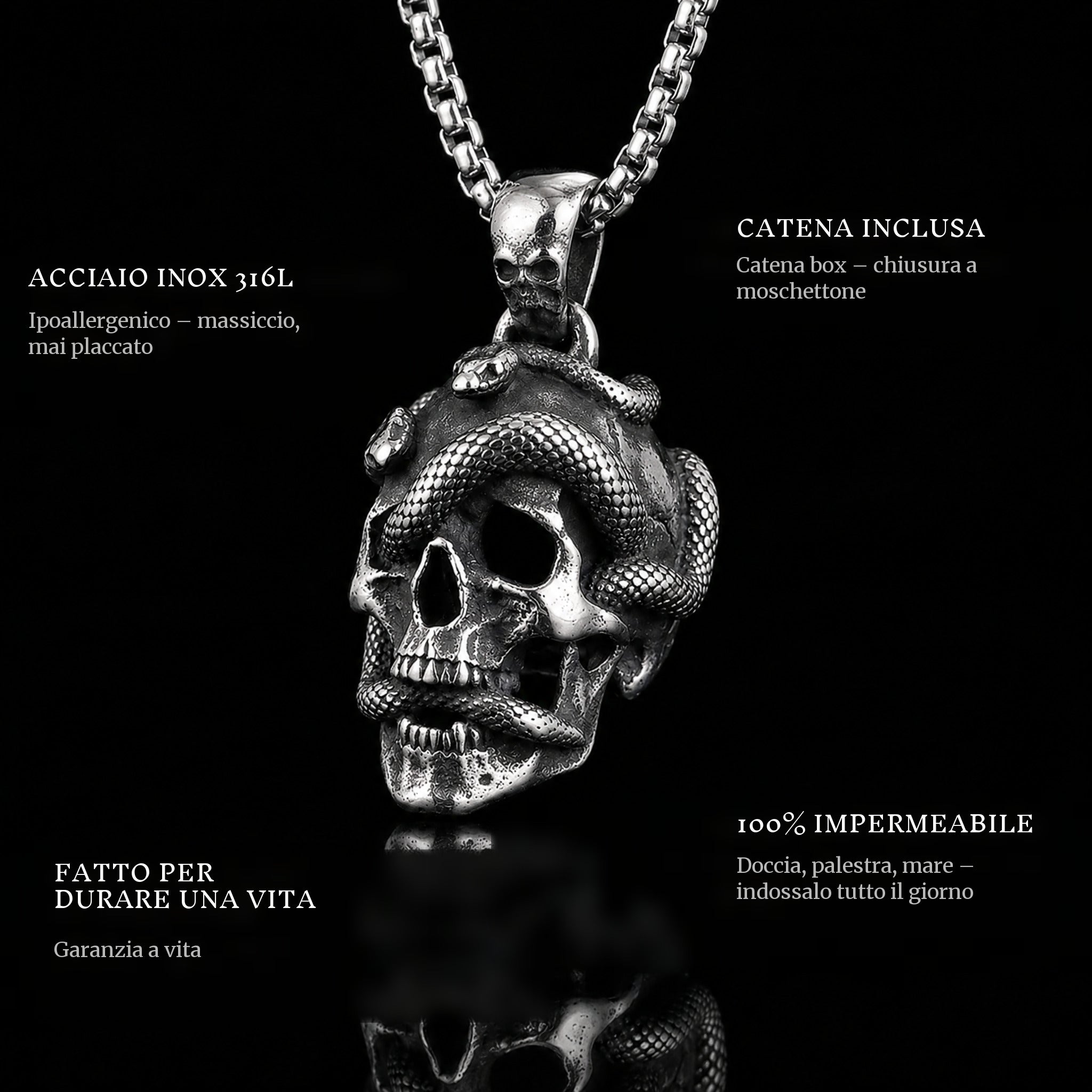 Snakes And Skulls pendant features: 316L stainless steel, chain included, 100% waterproof, lifetime guarantee
