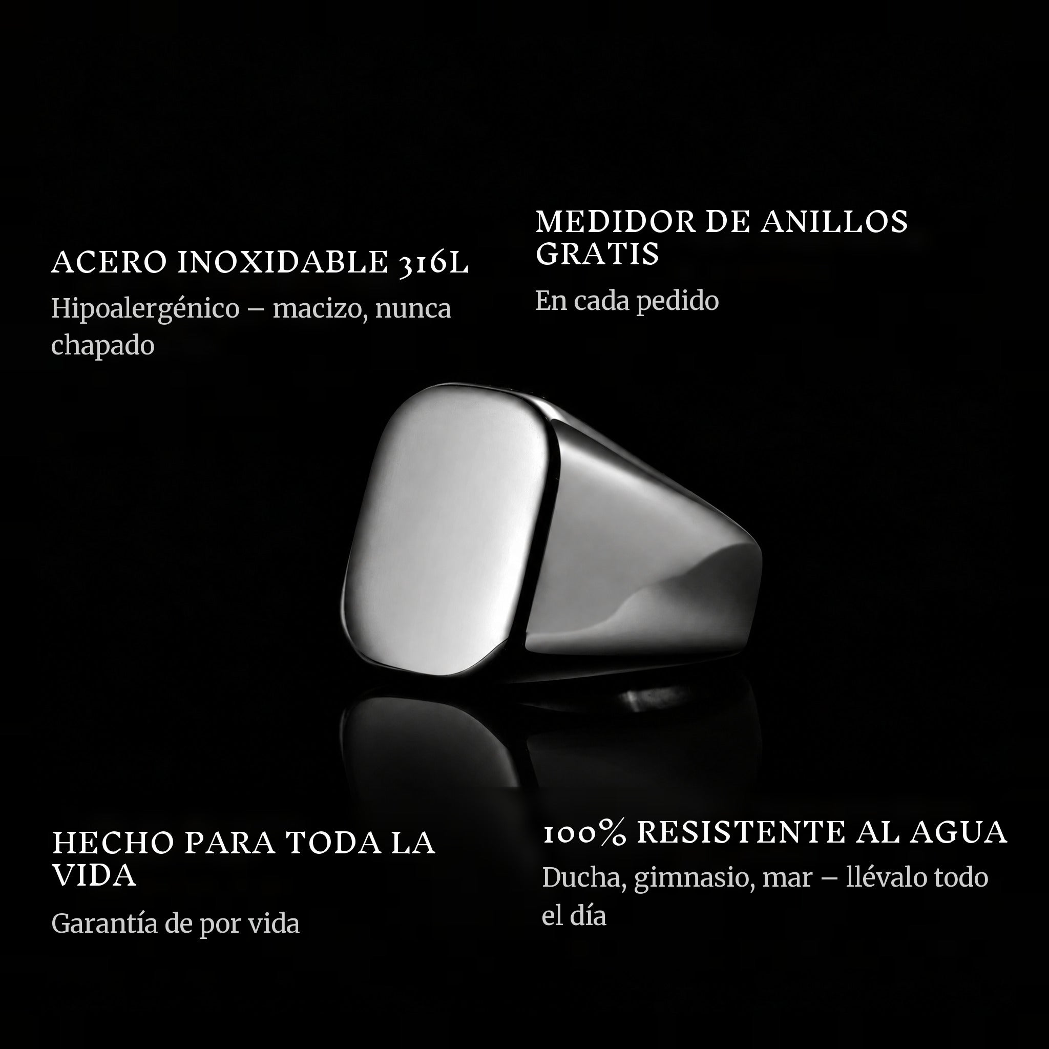 Square Black ring features: 316L stainless steel, free ring sizer in every order, 100% waterproof, lifetime guarantee