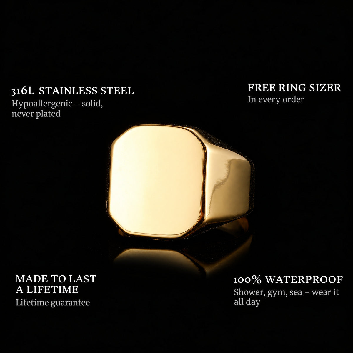 Square Gold ring features: 316L stainless steel, free ring sizer in every order, 100% waterproof, lifetime guarantee