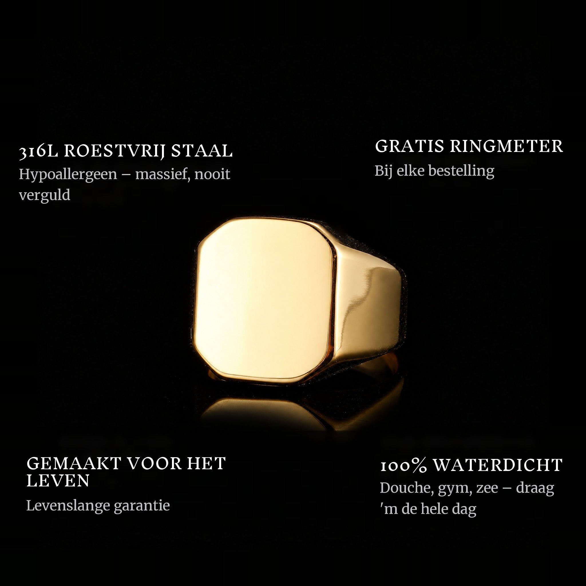Square Gold ring features: 316L stainless steel, free ring sizer in every order, 100% waterproof, lifetime guarantee