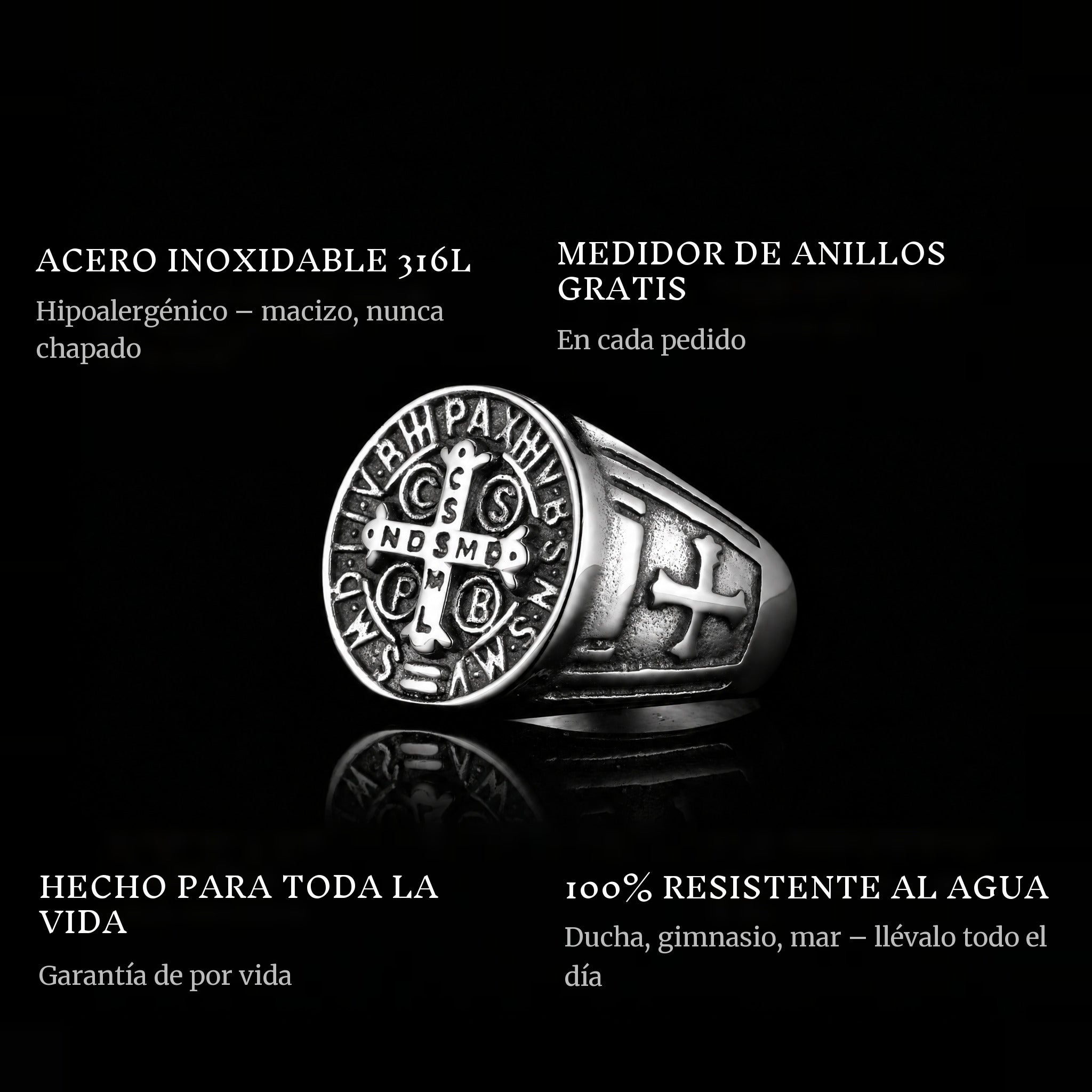 St. Benedict ring features: 316L stainless steel, free ring sizer in every order, 100% waterproof, lifetime guarantee