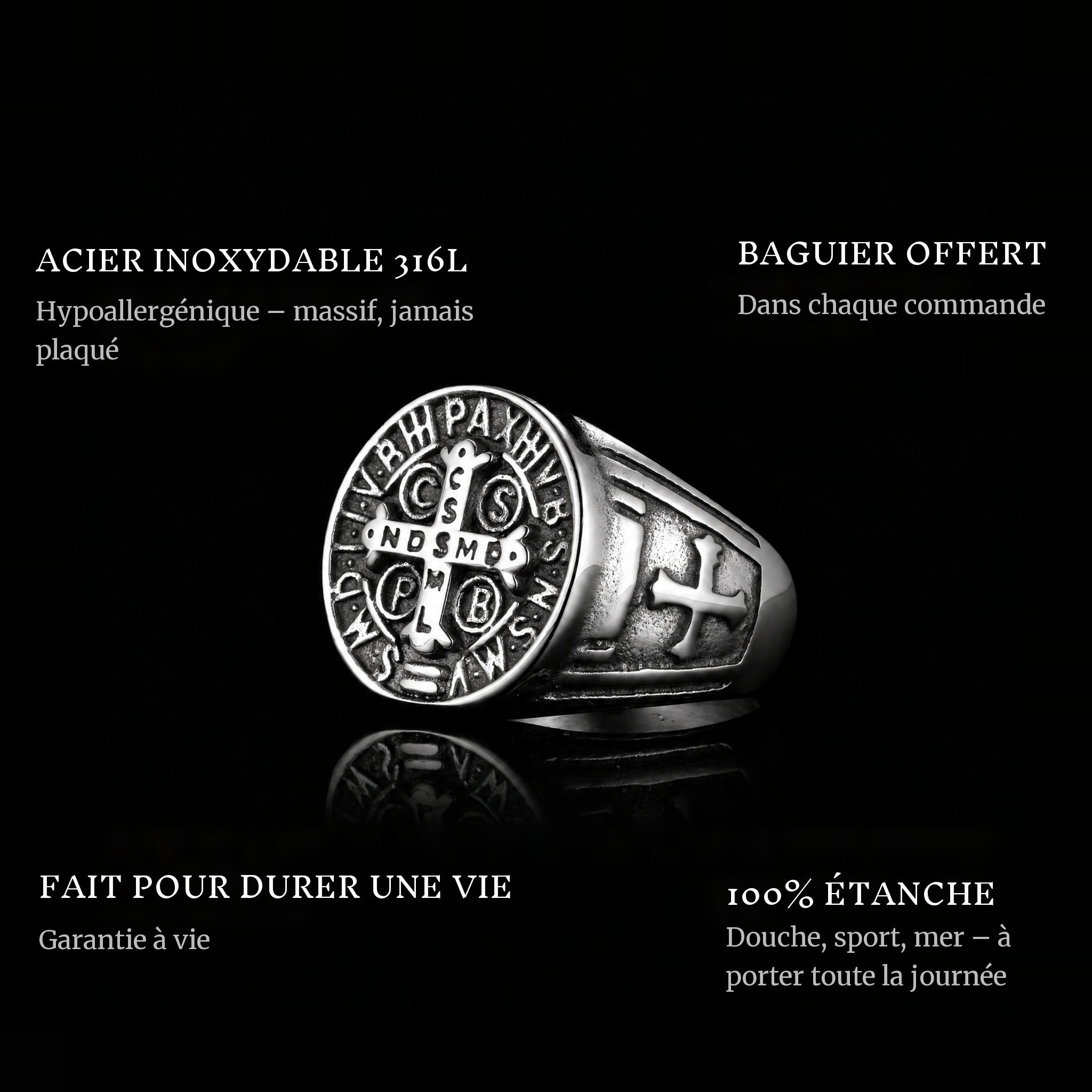 St. Benedict ring features: 316L stainless steel, free ring sizer in every order, 100% waterproof, lifetime guarantee