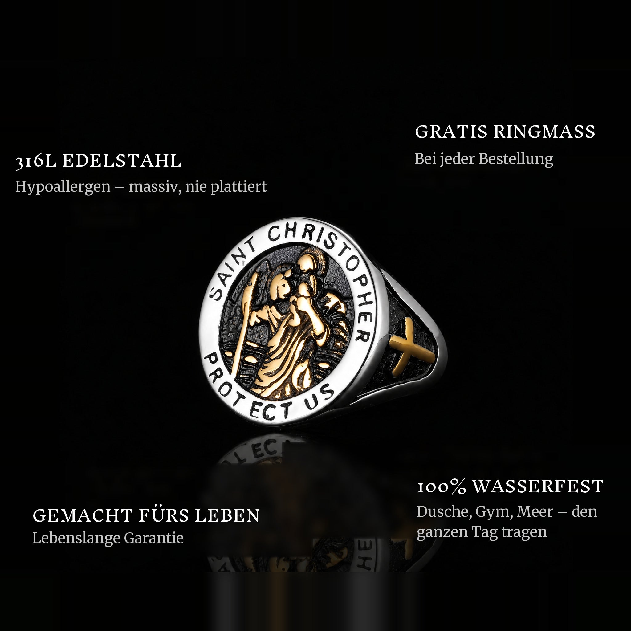 St. Christopher ring features: 316L stainless steel, free ring sizer in every order, 100% waterproof, lifetime guarantee