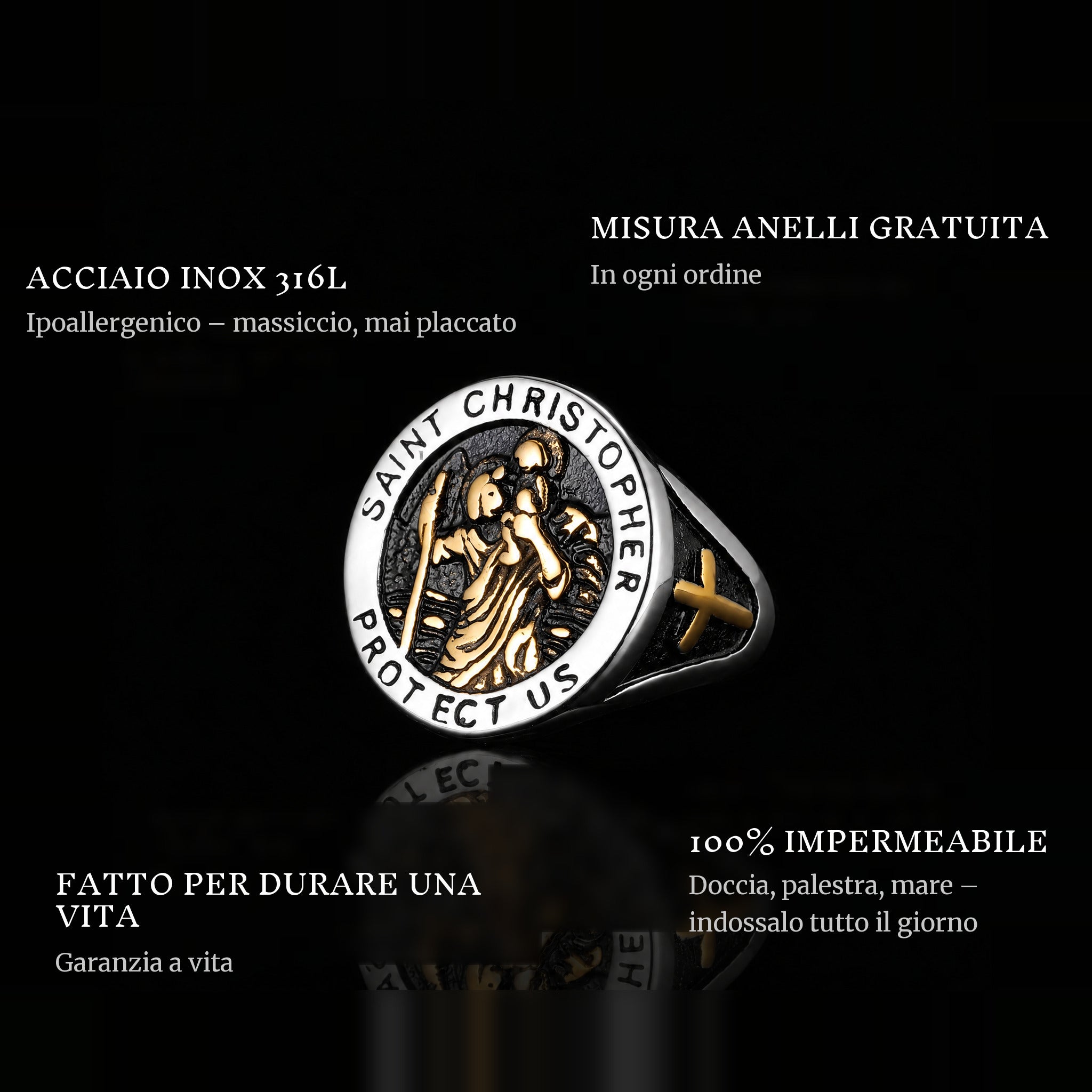 St. Christopher ring features: 316L stainless steel, free ring sizer in every order, 100% waterproof, lifetime guarantee