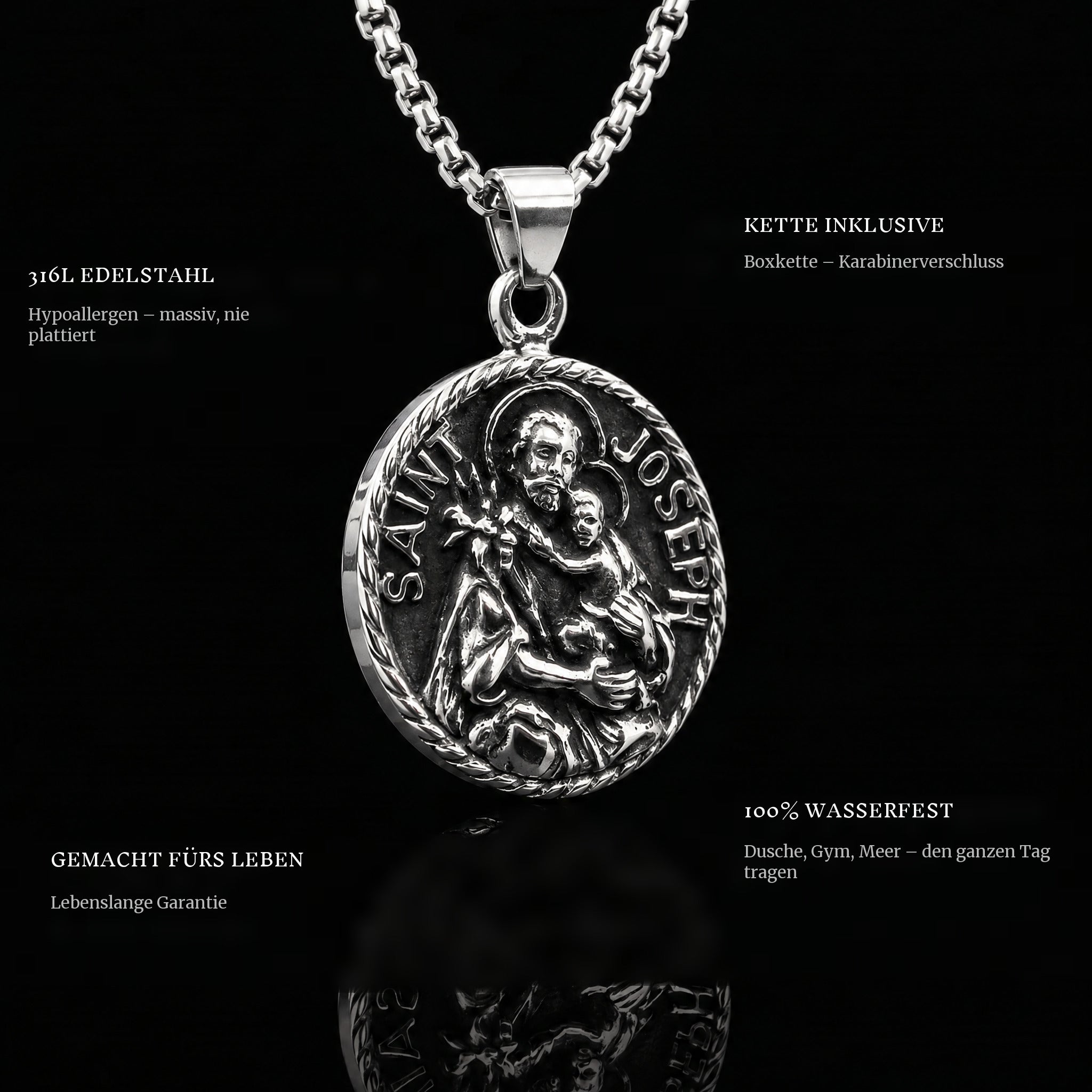 St. Joseph pendant features: 316L stainless steel, chain included, 100% waterproof, lifetime guarantee