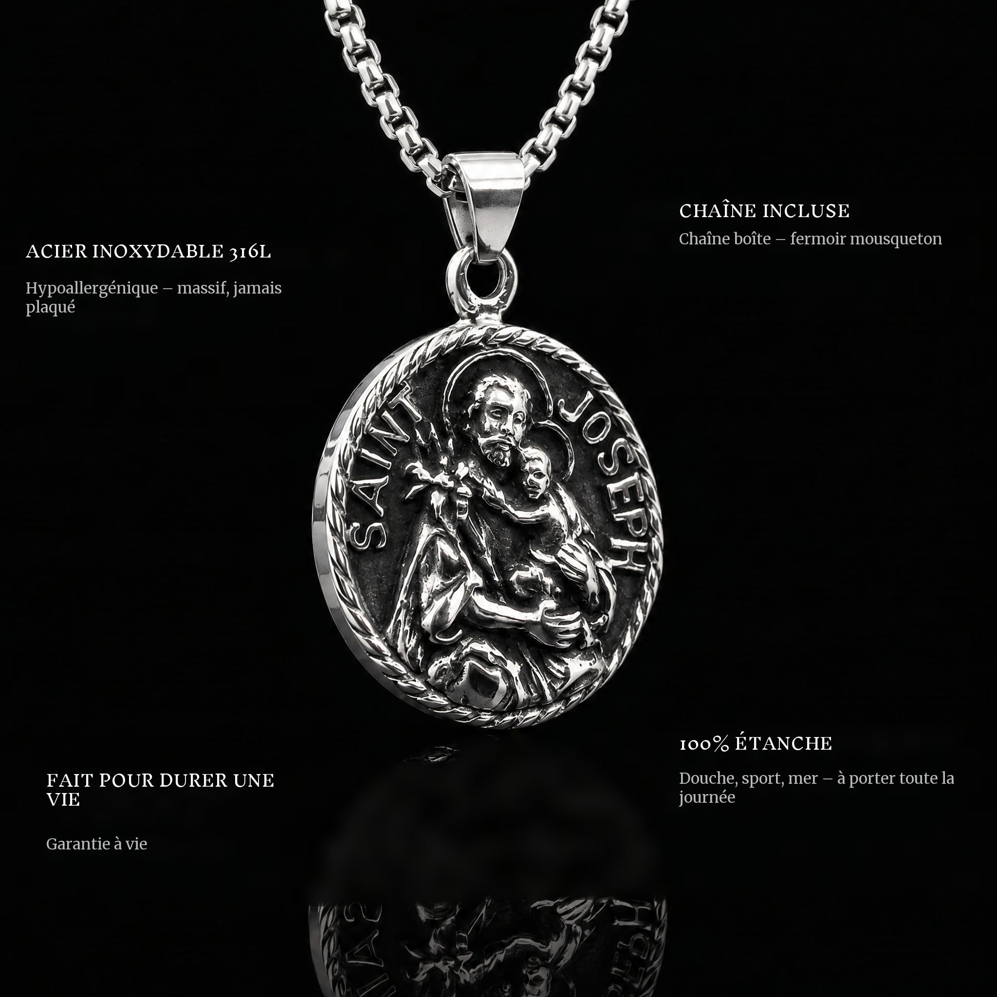 St. Joseph pendant features: 316L stainless steel, chain included, 100% waterproof, lifetime guarantee
