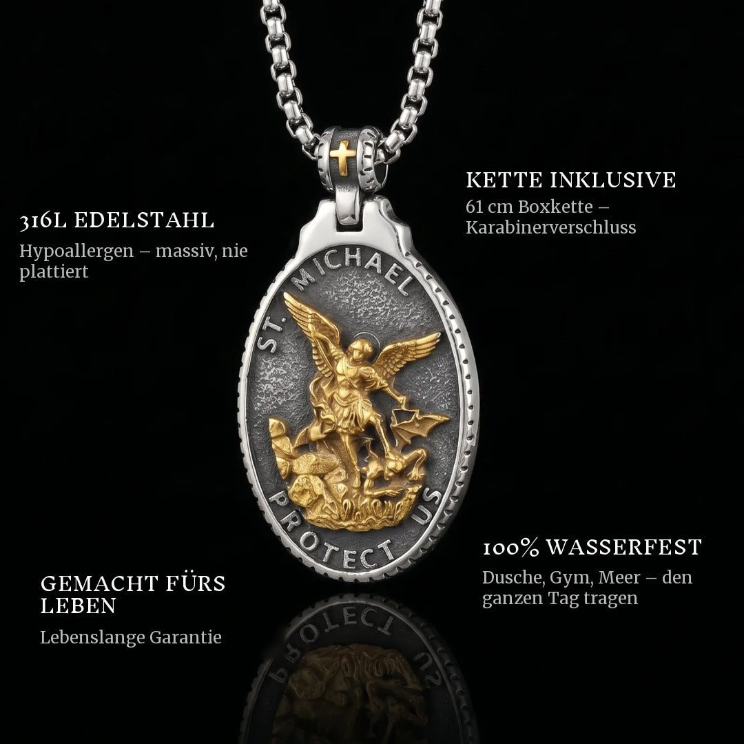 St. Michaels Badge pendant features: 316L stainless steel, 61 cm box chain included, 100% waterproof, lifetime guarantee