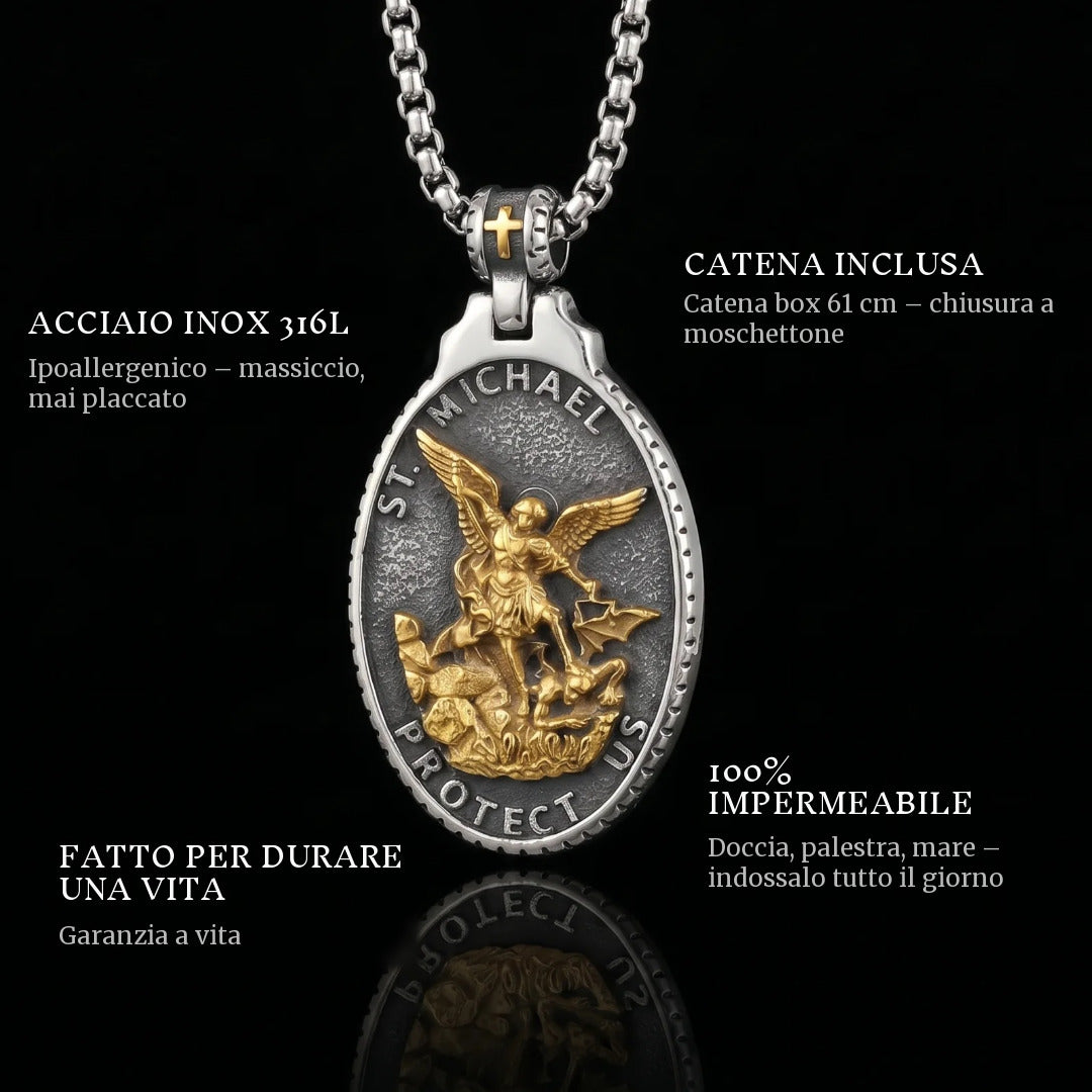St. Michaels Badge pendant features: 316L stainless steel, 61 cm box chain included, 100% waterproof, lifetime guarantee