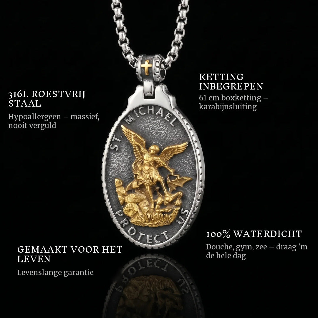 St. Michaels Badge pendant features: 316L stainless steel, 61 cm box chain included, 100% waterproof, lifetime guarantee