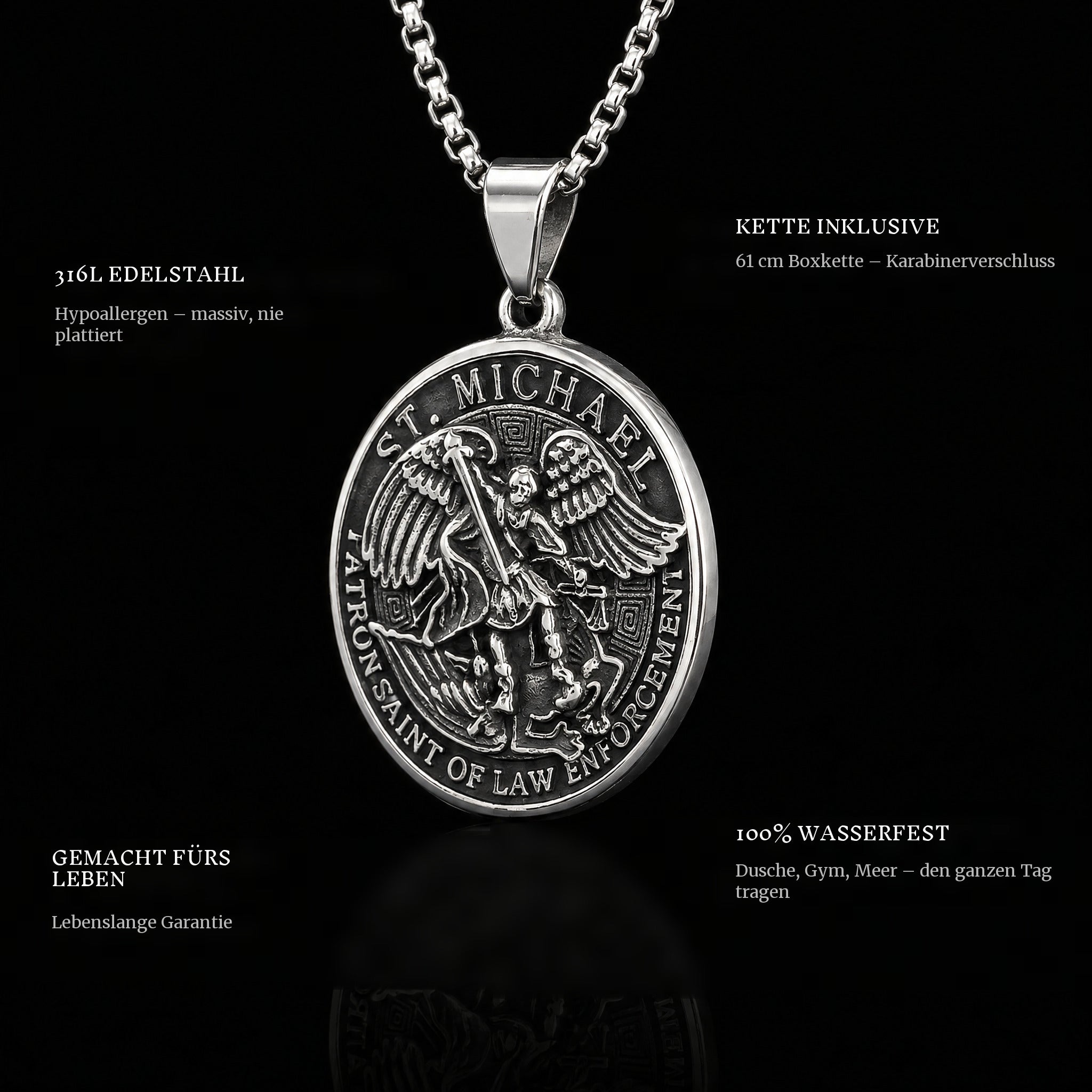 St. Michaels pendant features: 316L stainless steel, chain included, 100% waterproof, lifetime guarantee