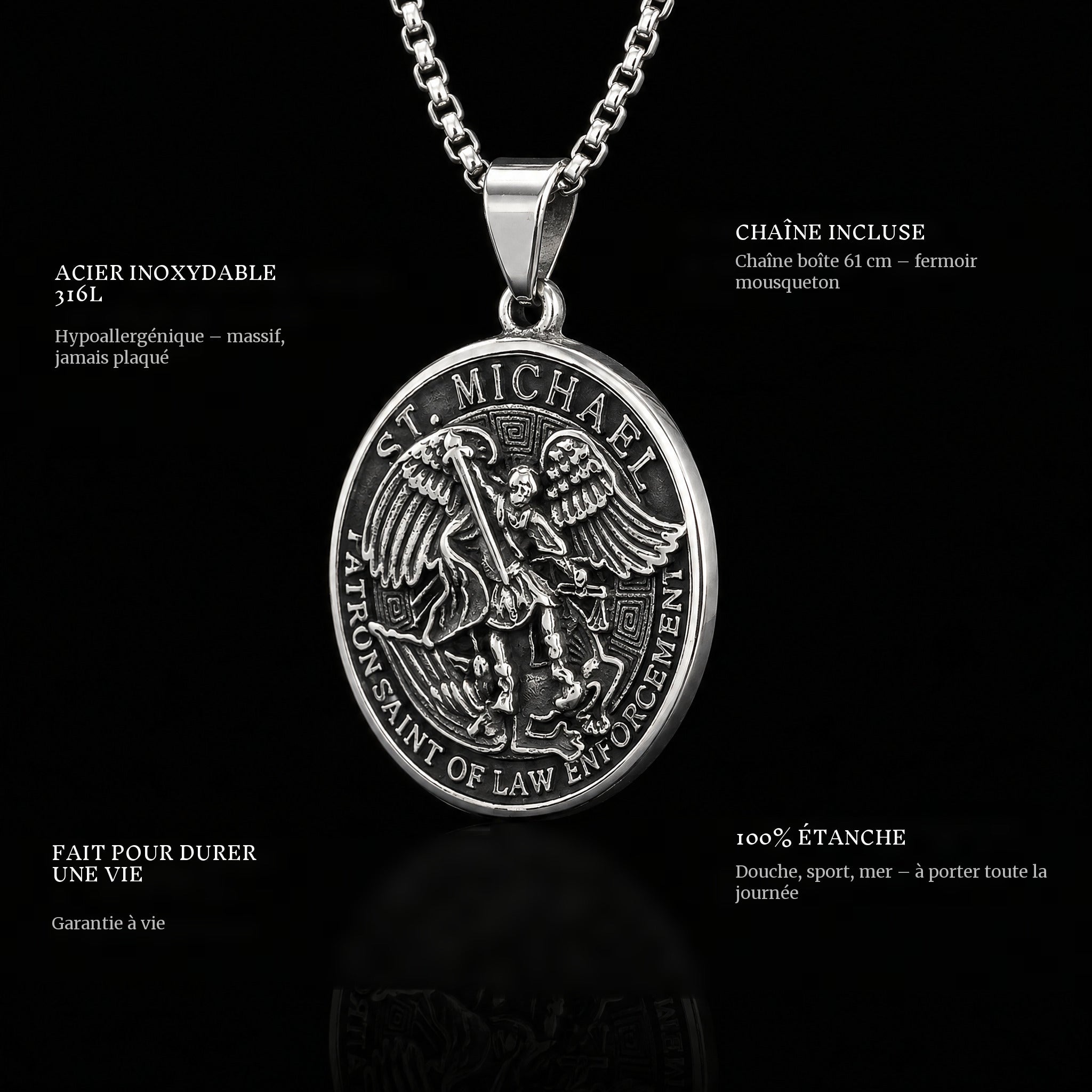 St. Michaels pendant features: 316L stainless steel, chain included, 100% waterproof, lifetime guarantee