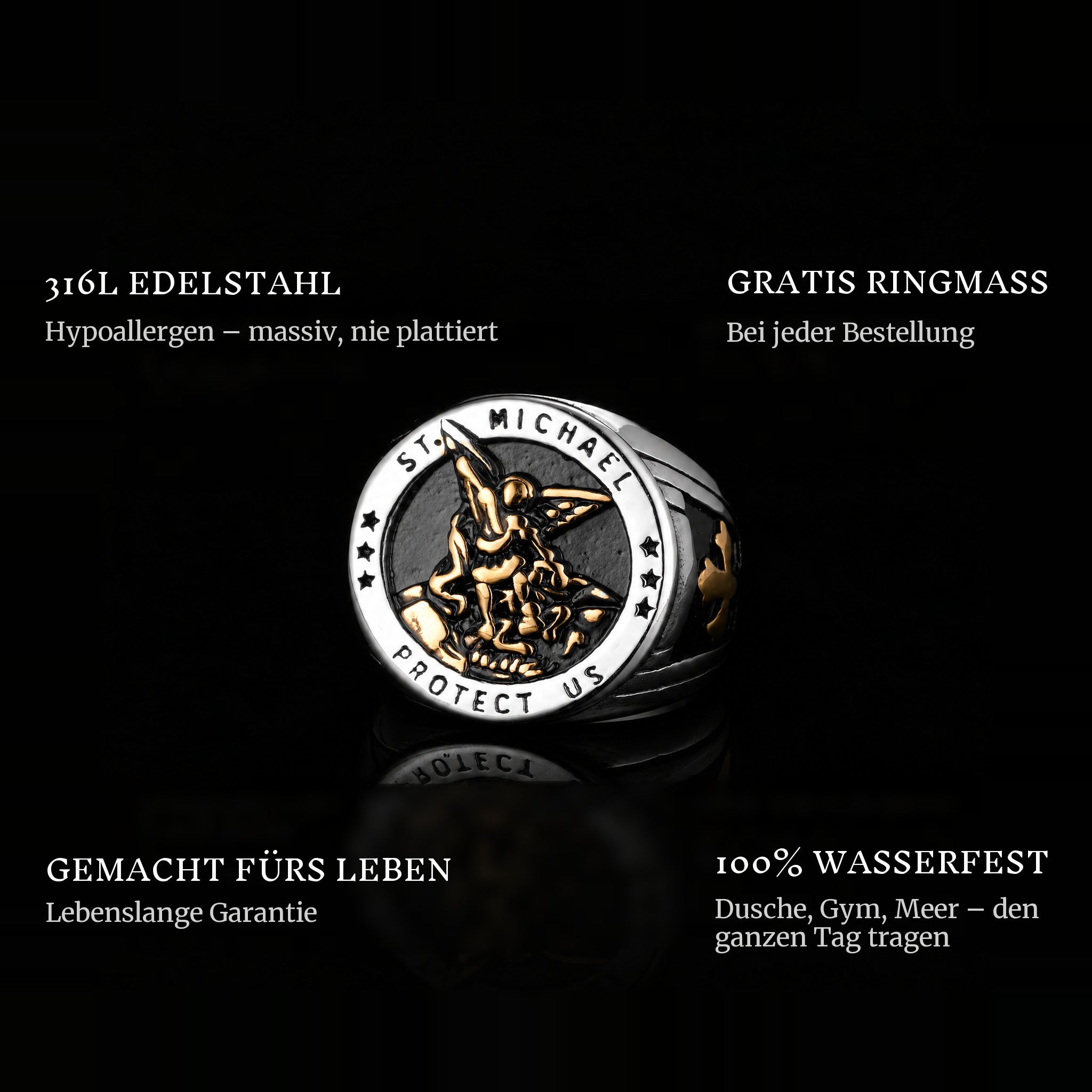 St. Michaels Gold ring features: 316L stainless steel, free ring sizer in every order, 100% waterproof, lifetime guarantee