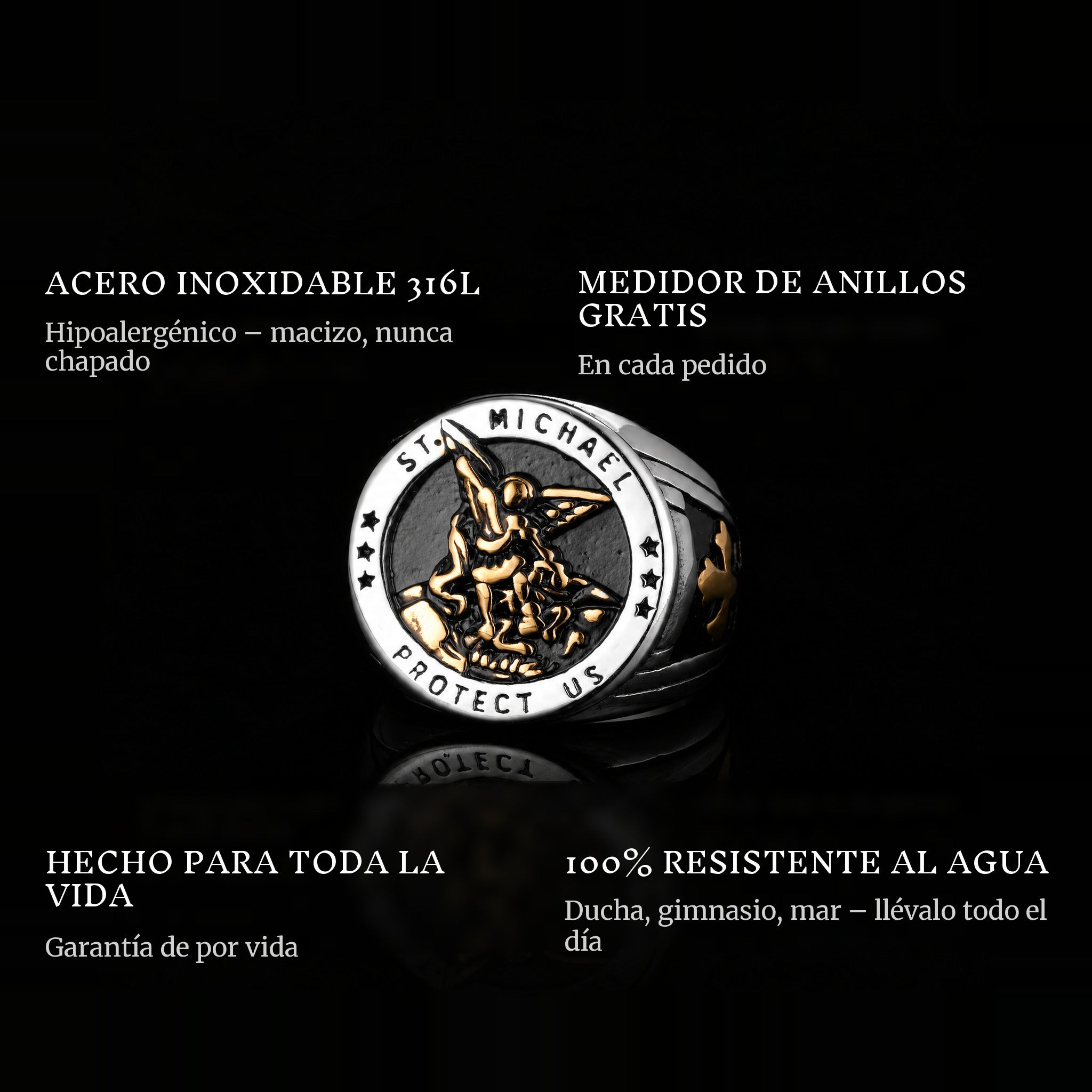 St. Michaels Gold ring features: 316L stainless steel, free ring sizer in every order, 100% waterproof, lifetime guarantee