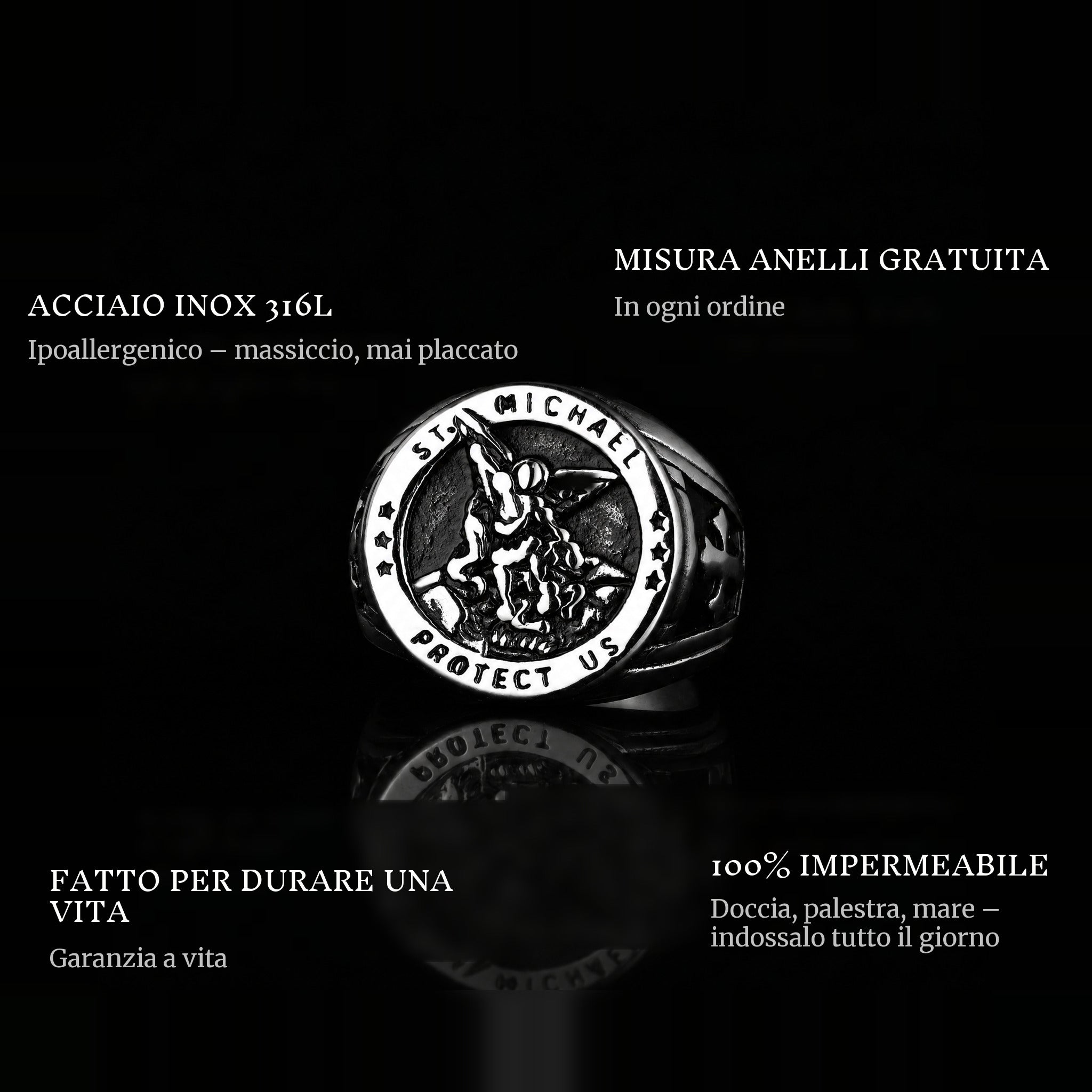 St. Michaels ring features: 316L stainless steel, free ring sizer in every order, 100% waterproof, lifetime guarantee