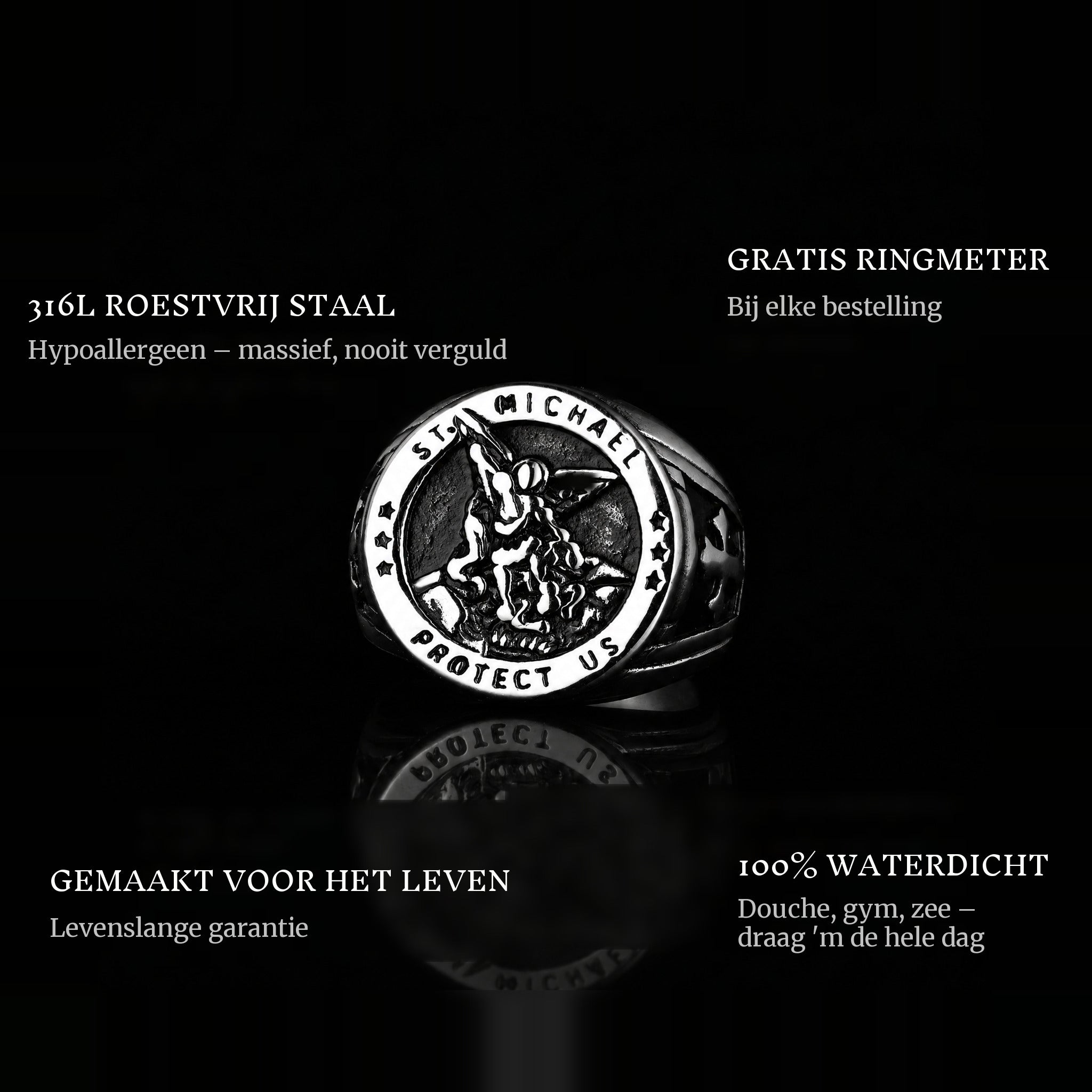 St. Michaels ring features: 316L stainless steel, free ring sizer in every order, 100% waterproof, lifetime guarantee