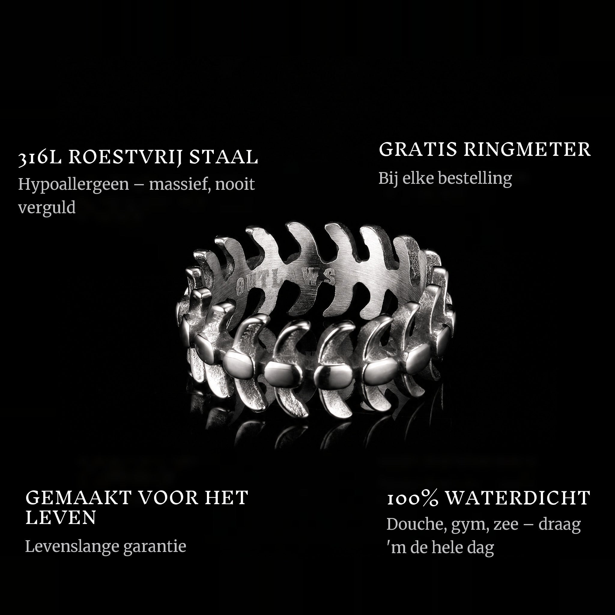 Steel Spine ring features: 316L stainless steel, free ring sizer in every order, 100% waterproof, lifetime guarantee