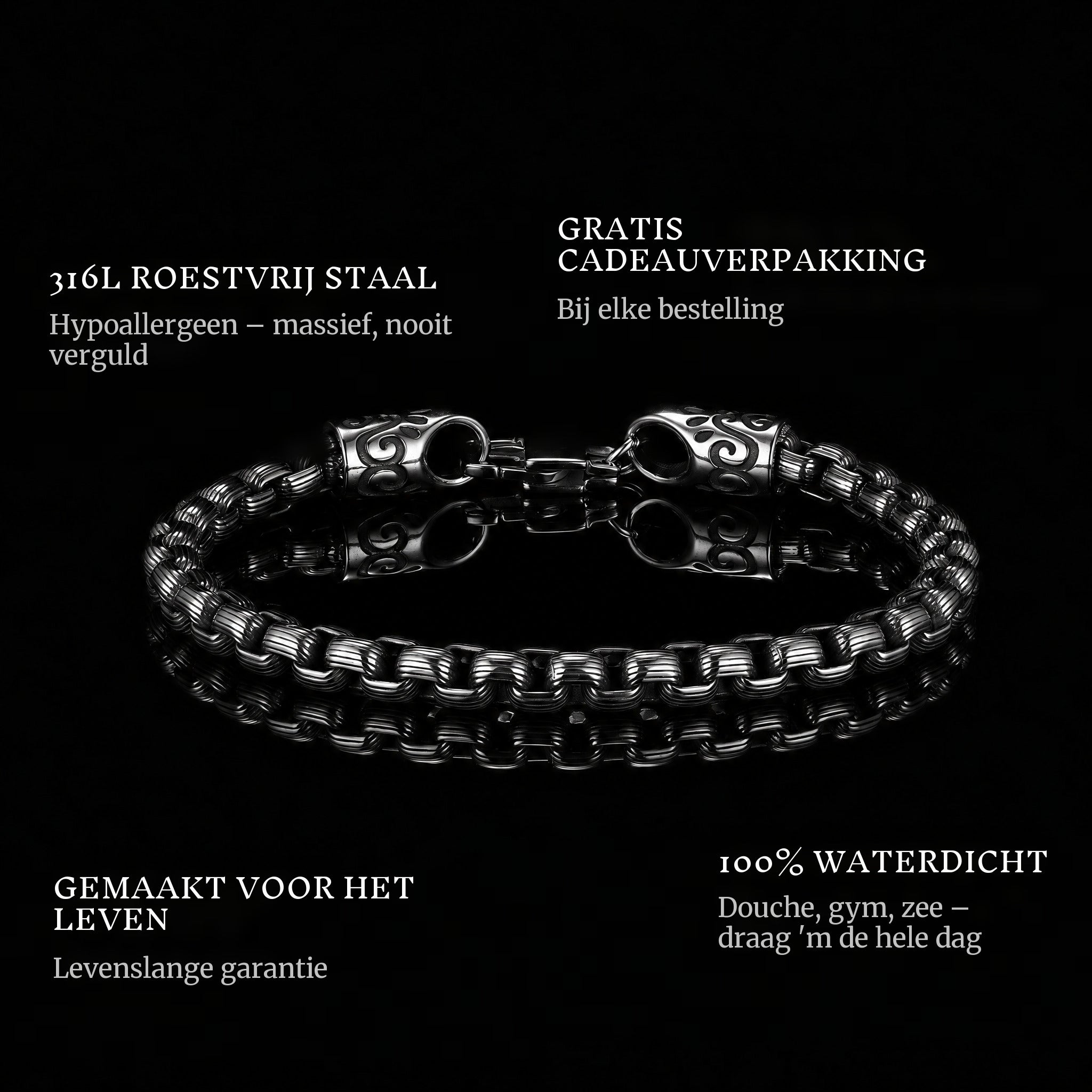 Steel Union features: 316L stainless steel, free gift packaging, 100% waterproof, lifetime guarantee