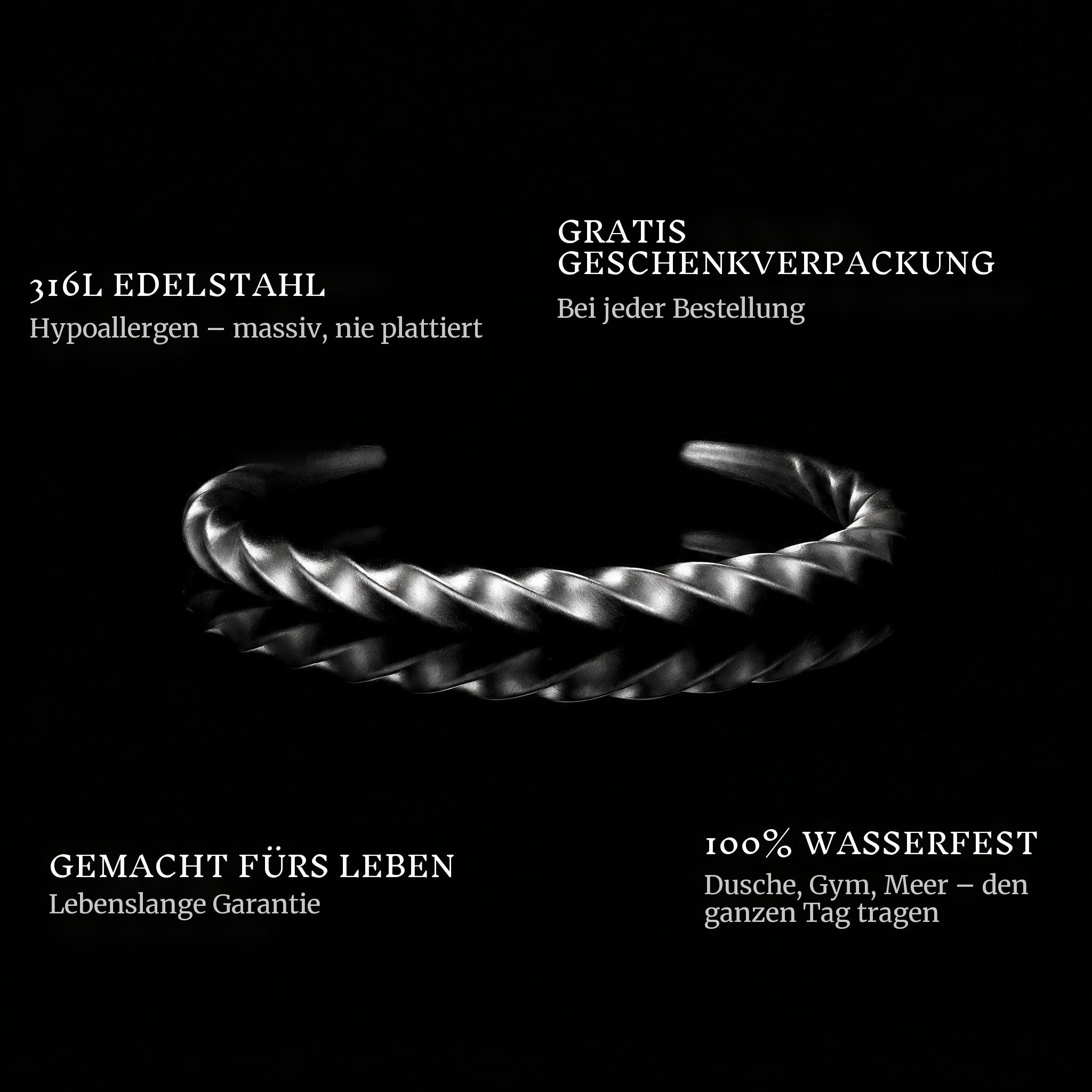 Steel Vortex features: 316L stainless steel, free gift packaging, 100% waterproof, lifetime guarantee