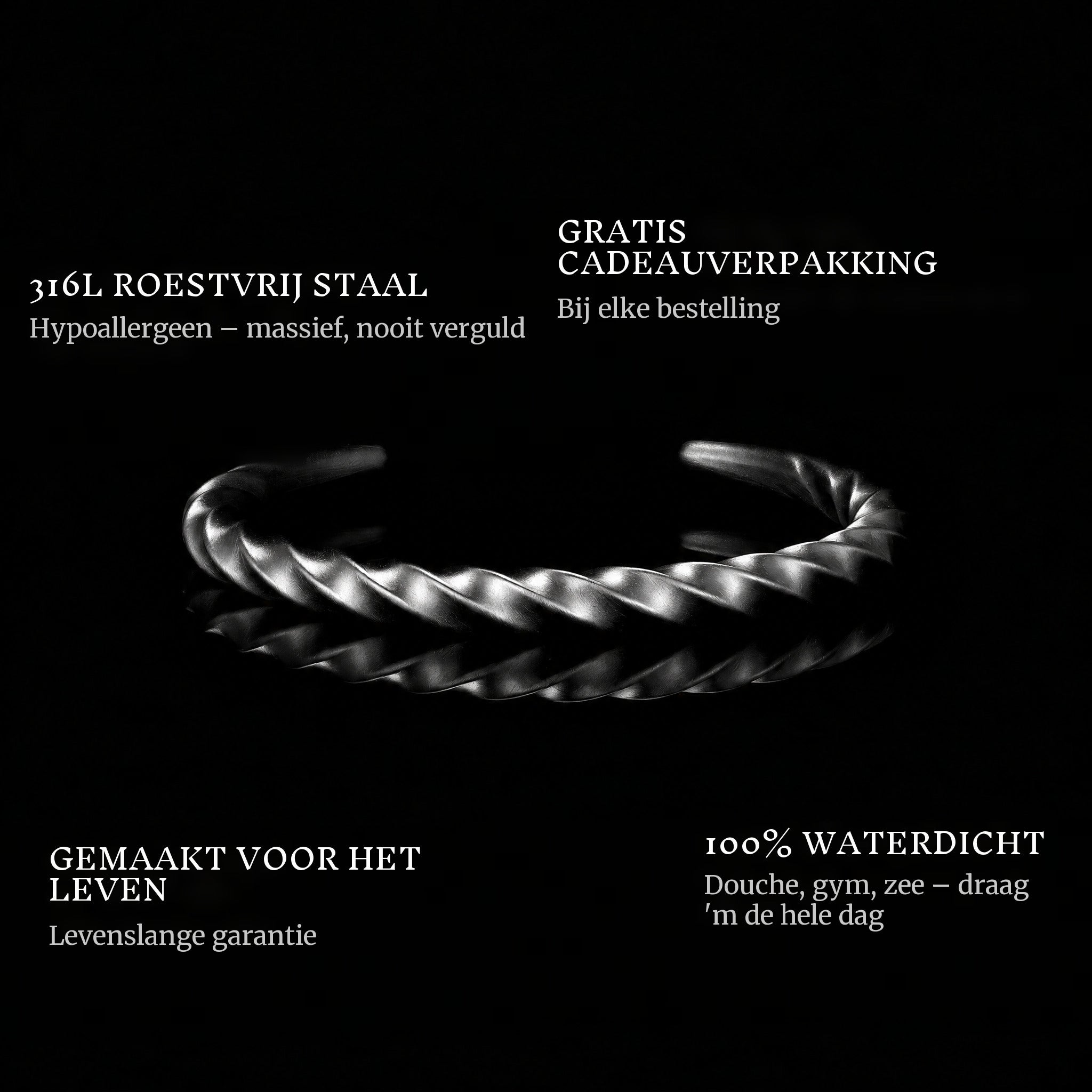 Steel Vortex features: 316L stainless steel, free gift packaging, 100% waterproof, lifetime guarantee