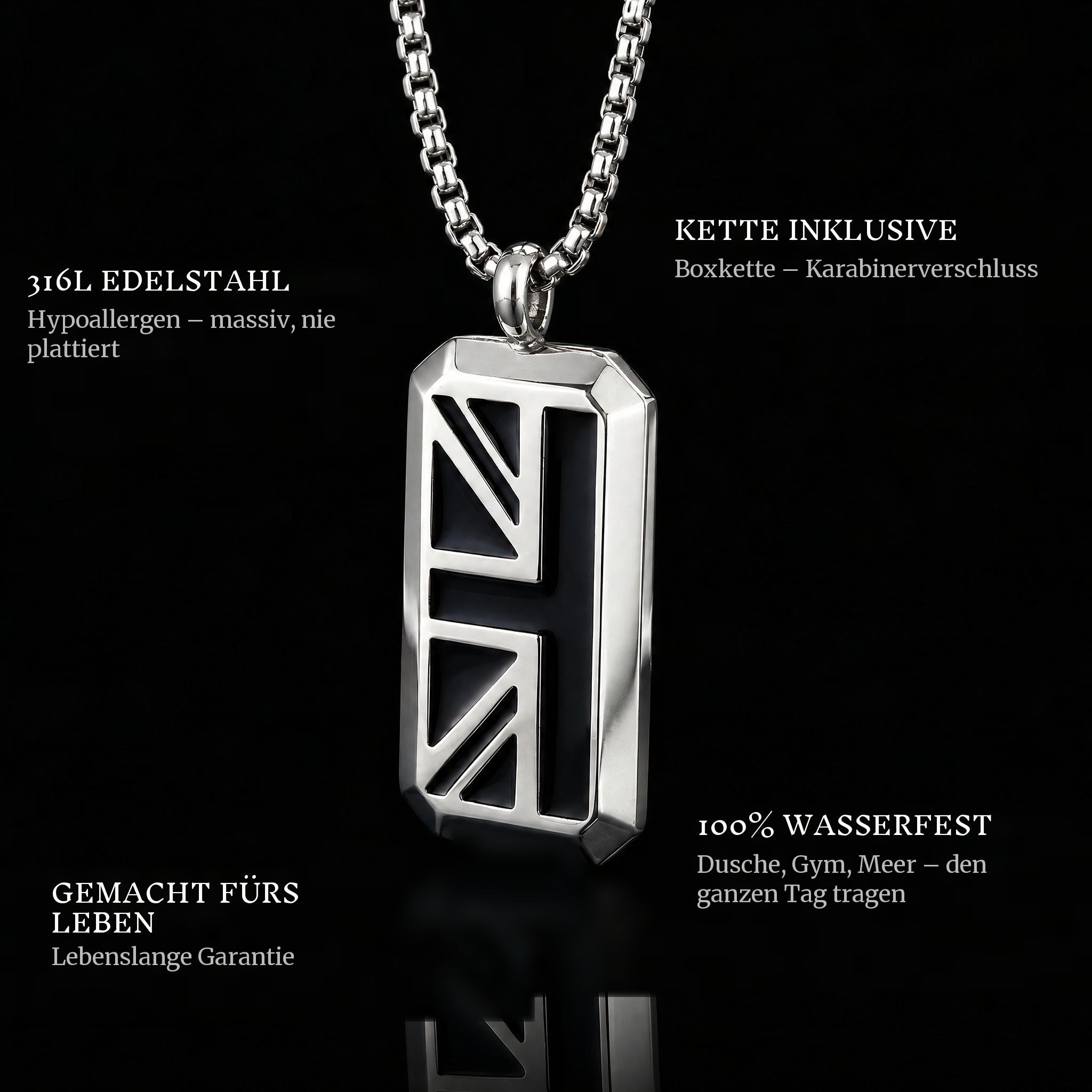 Symbol Of Union pendant features: 316L stainless steel, chain included, 100% waterproof, lifetime guarantee