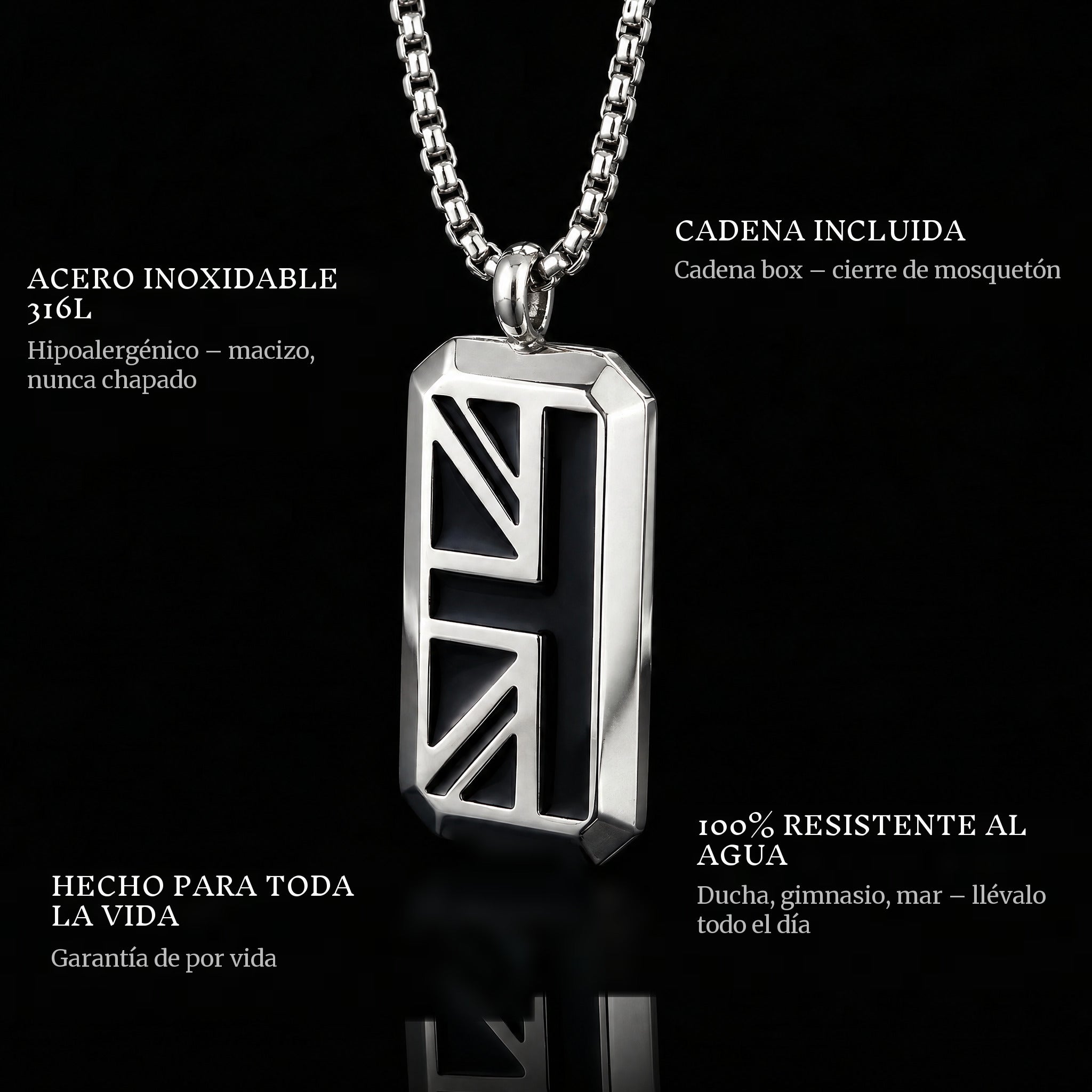 Symbol Of Union pendant features: 316L stainless steel, chain included, 100% waterproof, lifetime guarantee
