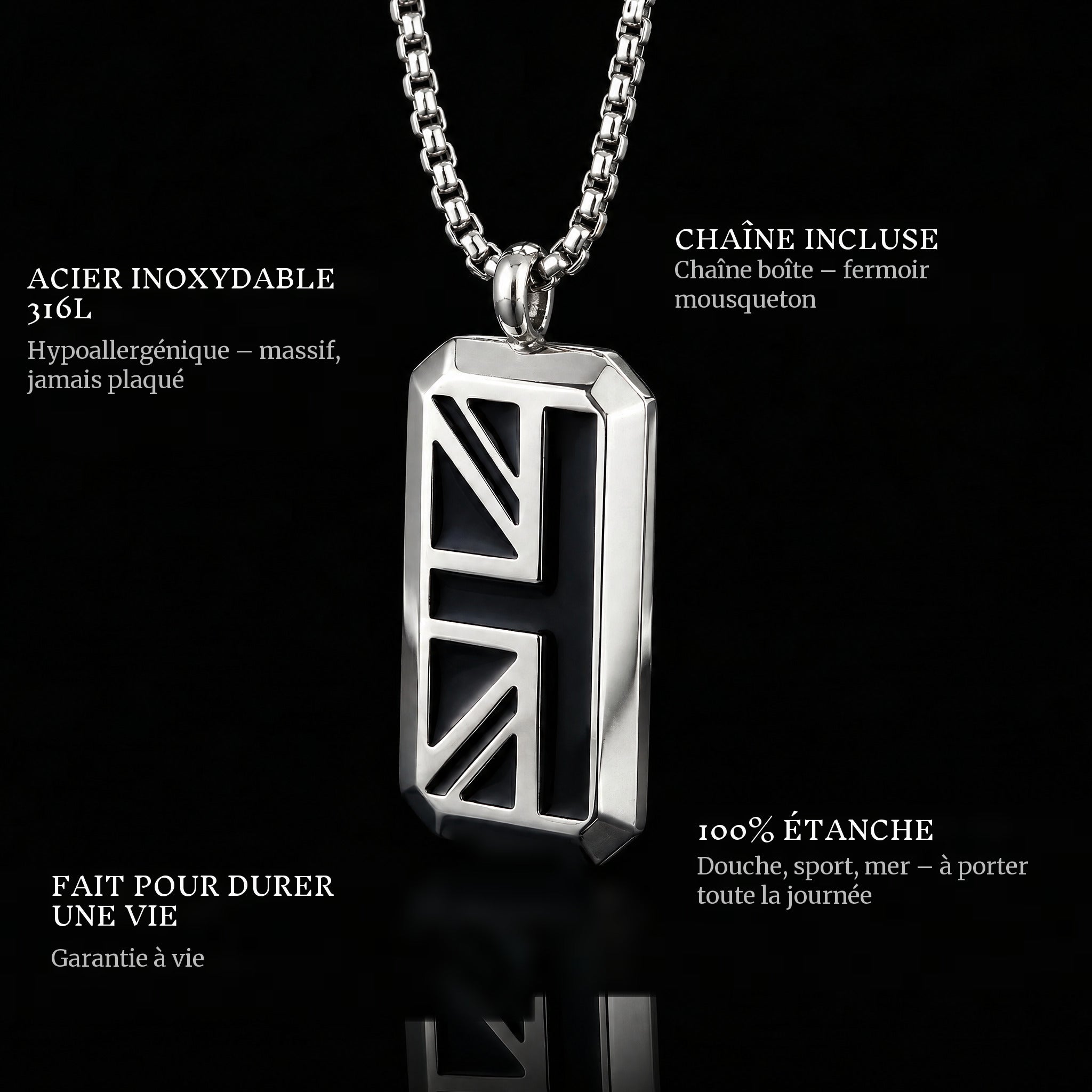 Symbol Of Union pendant features: 316L stainless steel, chain included, 100% waterproof, lifetime guarantee