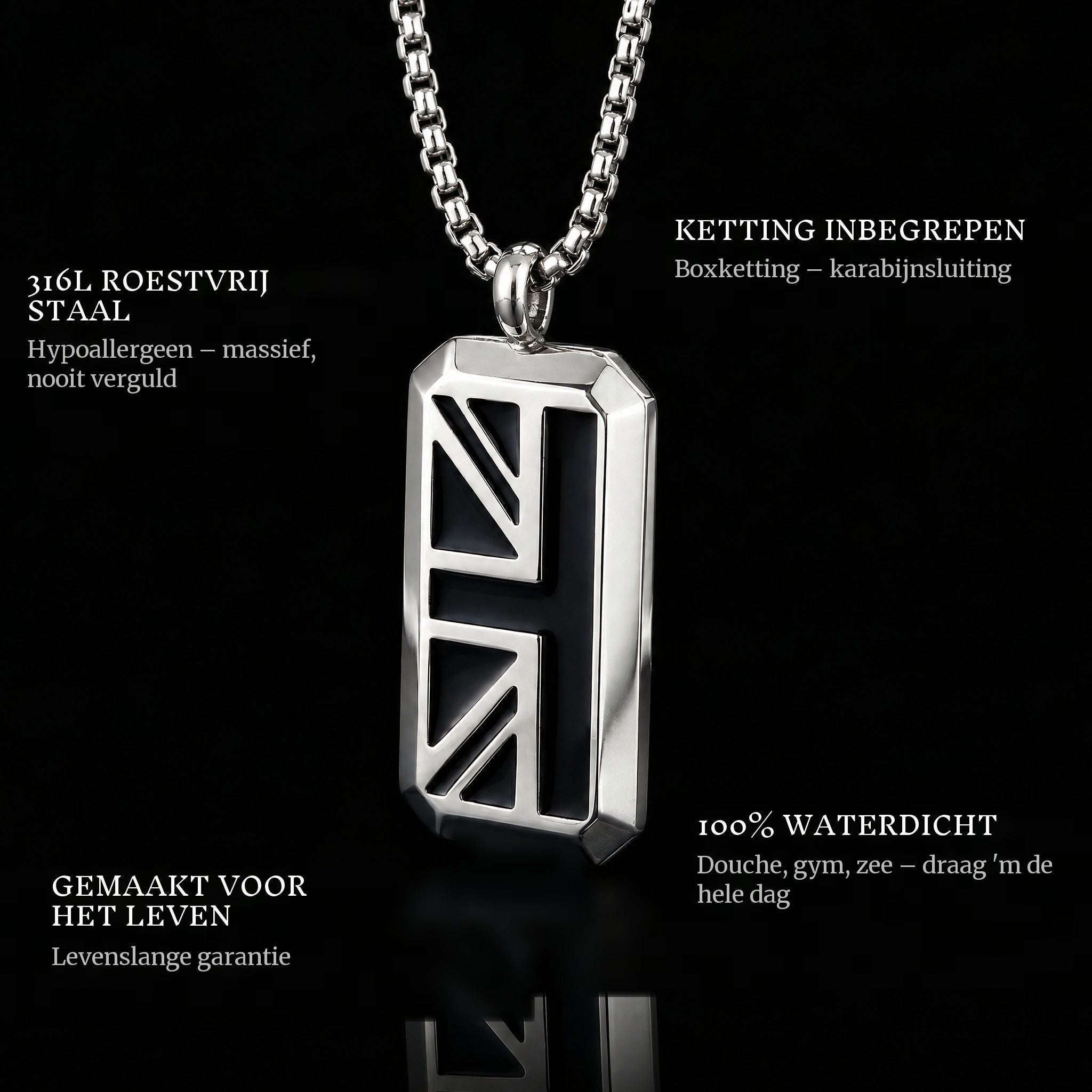 Symbol Of Union pendant features: 316L stainless steel, chain included, 100% waterproof, lifetime guarantee