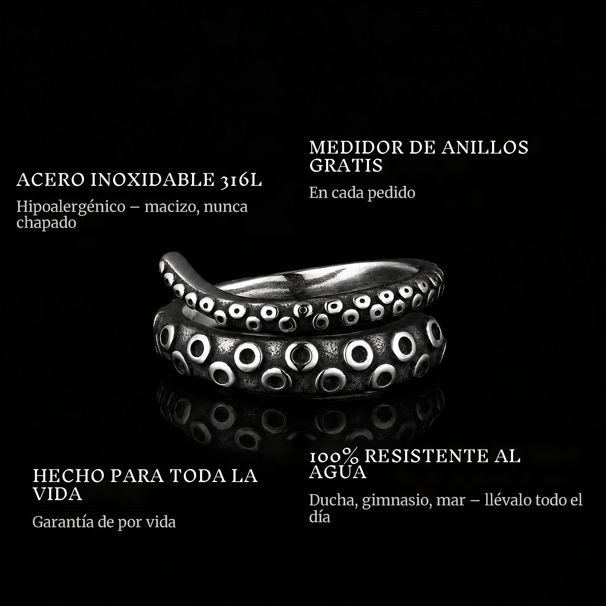 Tentacle ring features: 316L stainless steel, free ring sizer in every order, 100% waterproof, lifetime guarantee
